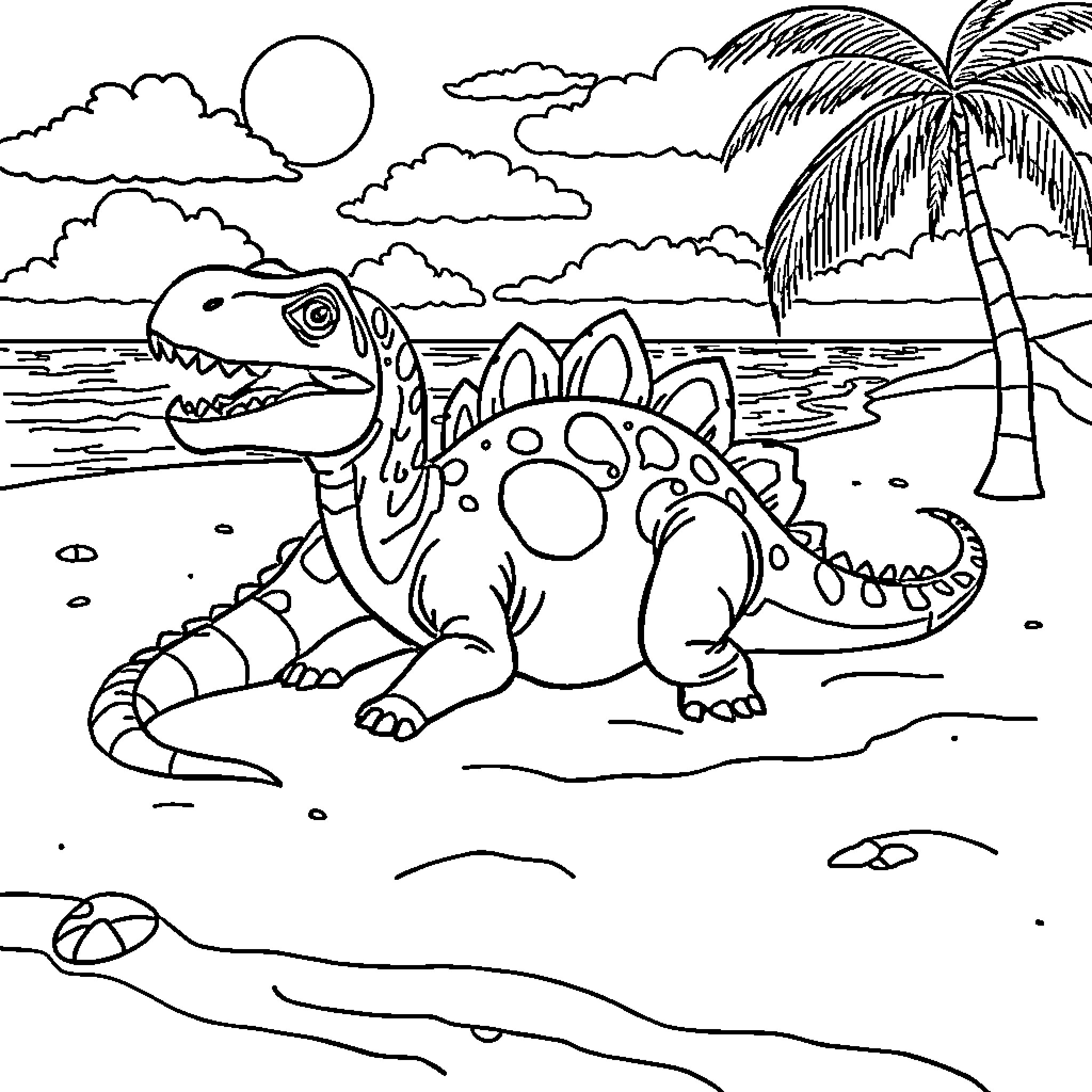 Dinosaurs playing on the beach Coloring Page (free black-and-white line drawing printable PDF for all, from beginners to advanced learners, including children, teens, adults, and seniors)