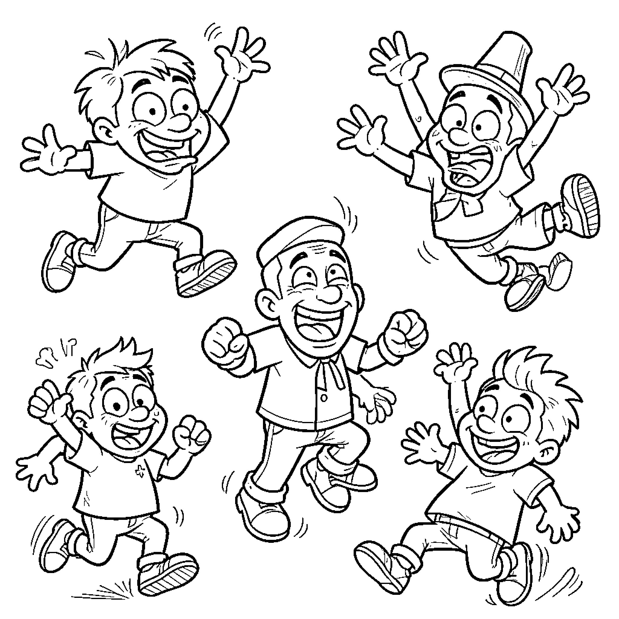 Comedy Characters in Playful Poses Coloring Page (free black-and-white line drawing printable PDF for all, from beginners to advanced learners, including children, teens, adults, and seniors)