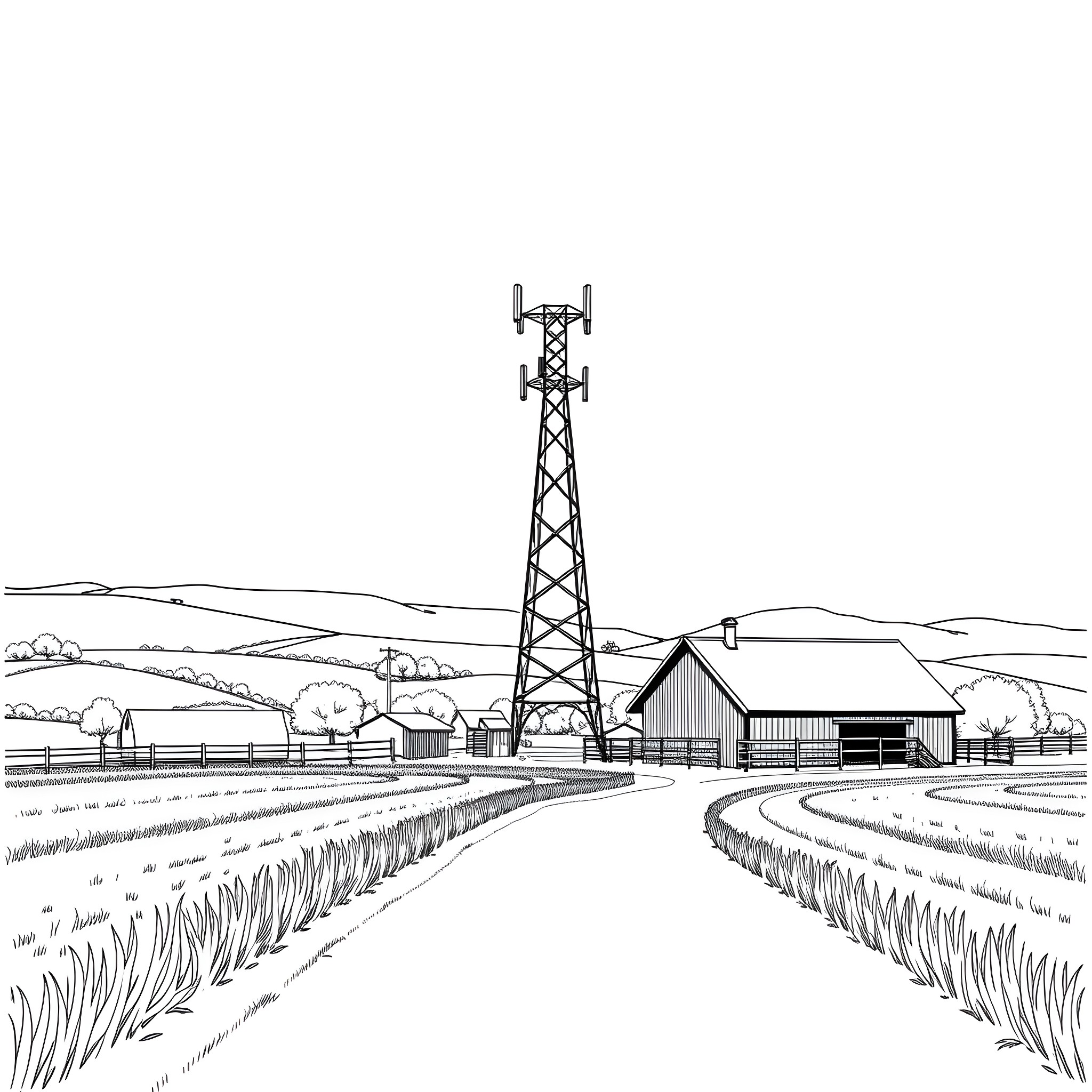 Cell Tower in a Rural Landscape Coloring Page (free black-and-white line drawing printable PDF for all, from beginners to advanced learners, including children, teens, adults, and seniors)