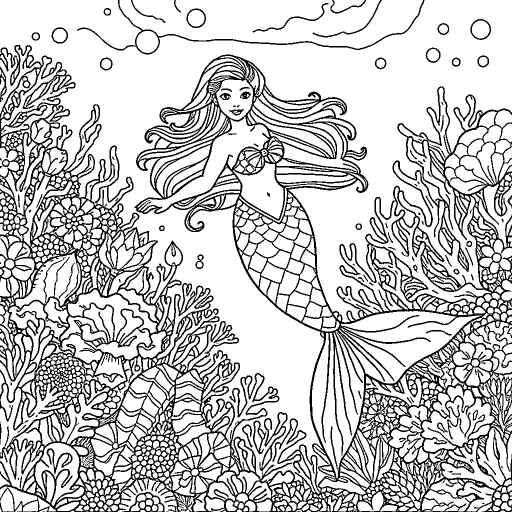 Mermaid exploring the vibrant underwater world Coloring Page (free black-and-white line drawing printable PDF for all, from beginners to advanced learners, including children, teens, adults, and seniors)