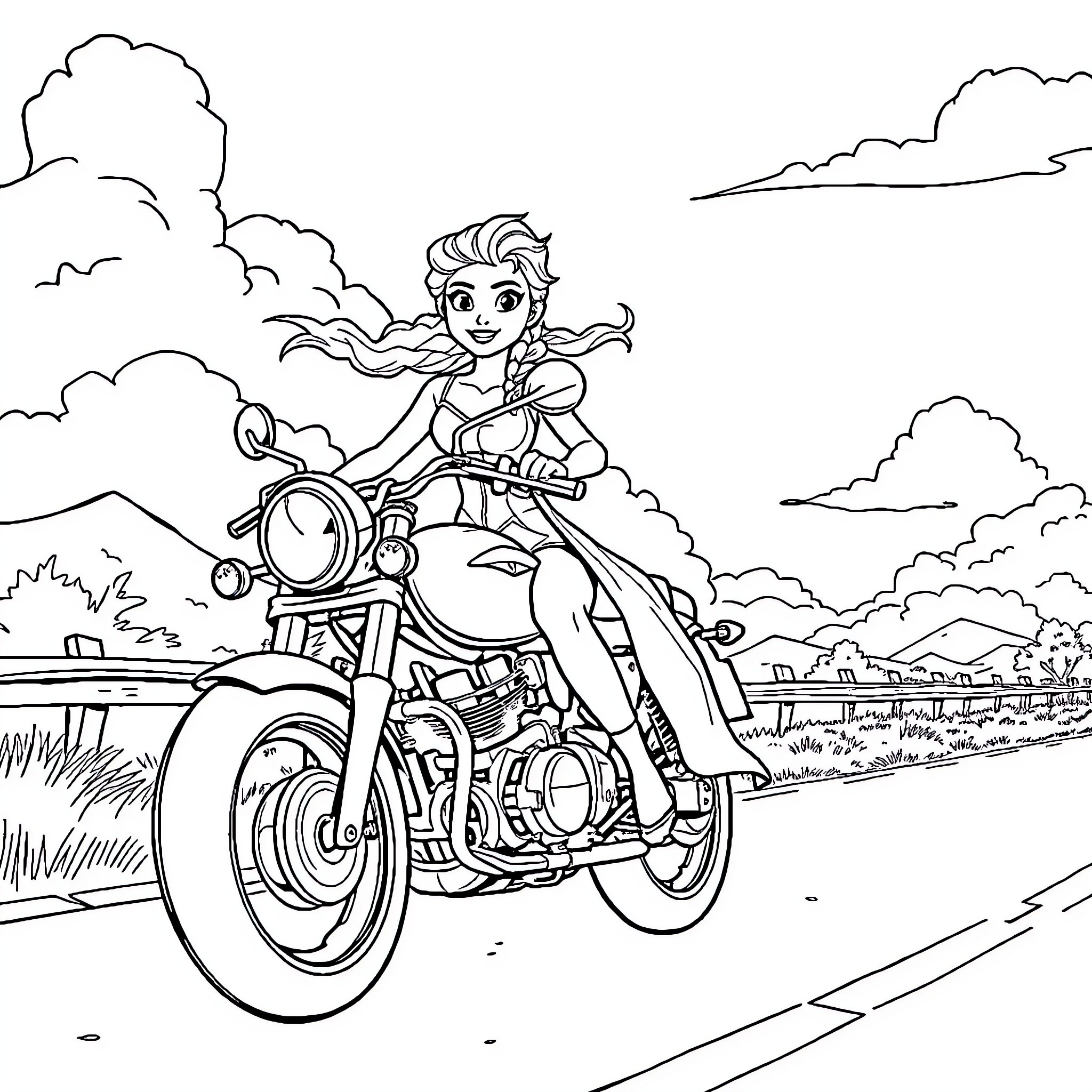 Elsa's adventurous motorcycle ride through the countryside Coloring Page (free black-and-white line drawing printable PDF for all, from beginners to advanced learners, including children, teens, adults, and seniors)