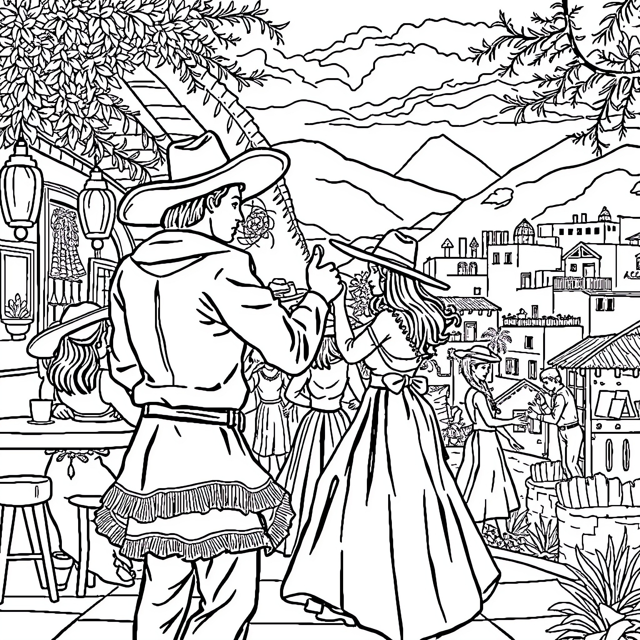 Western Couple Dancing in a Festive Town Scene Coloring Page (free black-and-white line drawing printable PDF for all, from beginners to advanced learners, including children, teens, adults, and seniors)