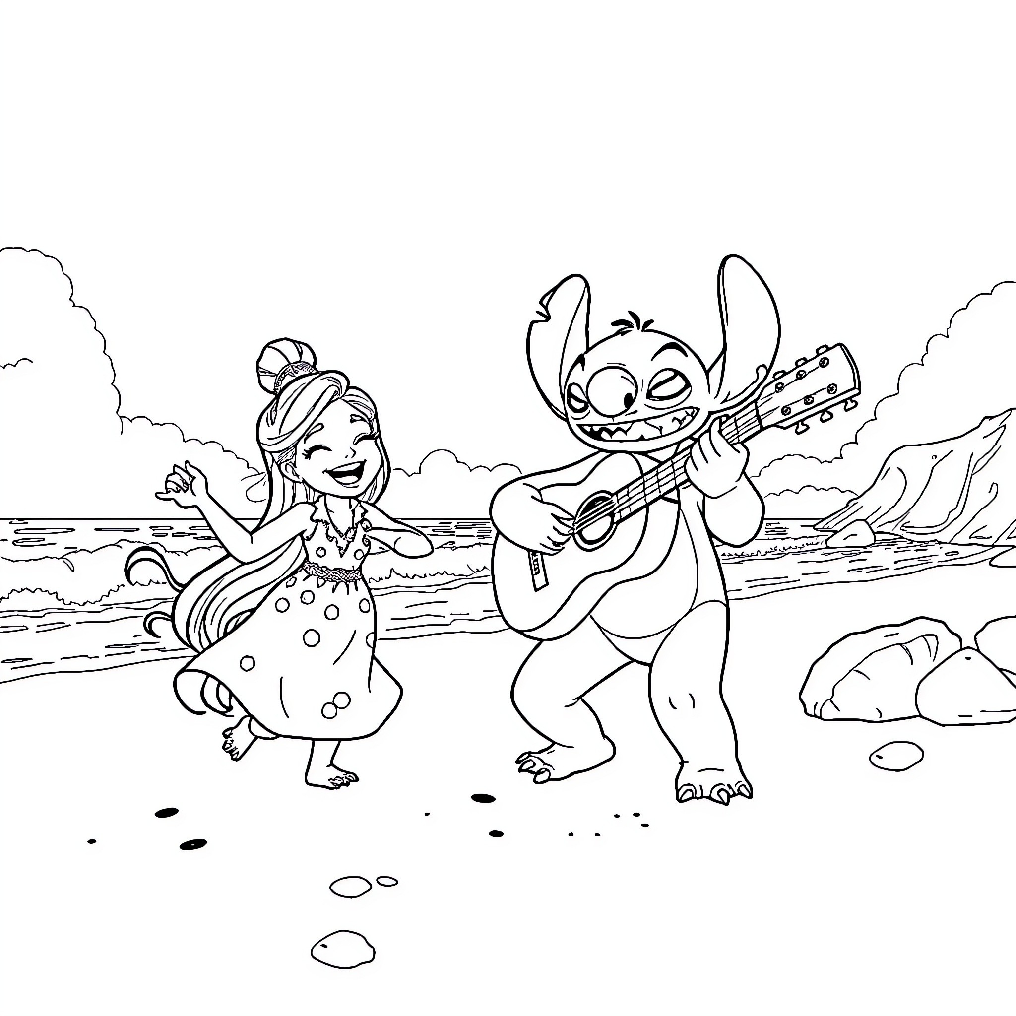 Lilo and Stitch singing and dancing on the beach Coloring Page (free black-and-white line drawing printable PDF for all, from beginners to advanced learners, including children, teens, adults, and seniors)