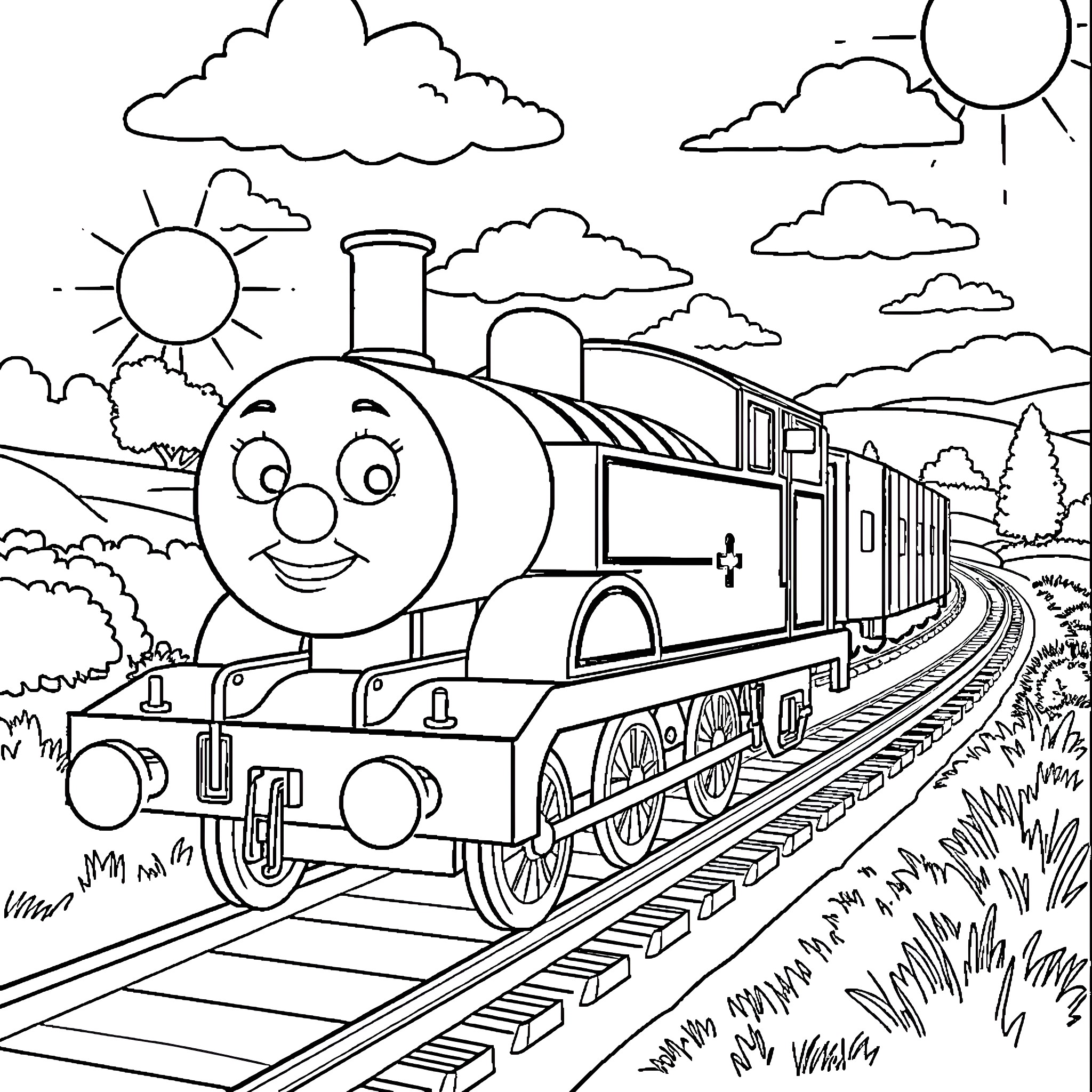 Thomas the Happy Train on the Tracks Coloring Page (free black-and-white line drawing printable PDF for all, from beginners to advanced learners, including children, teens, adults, and seniors)