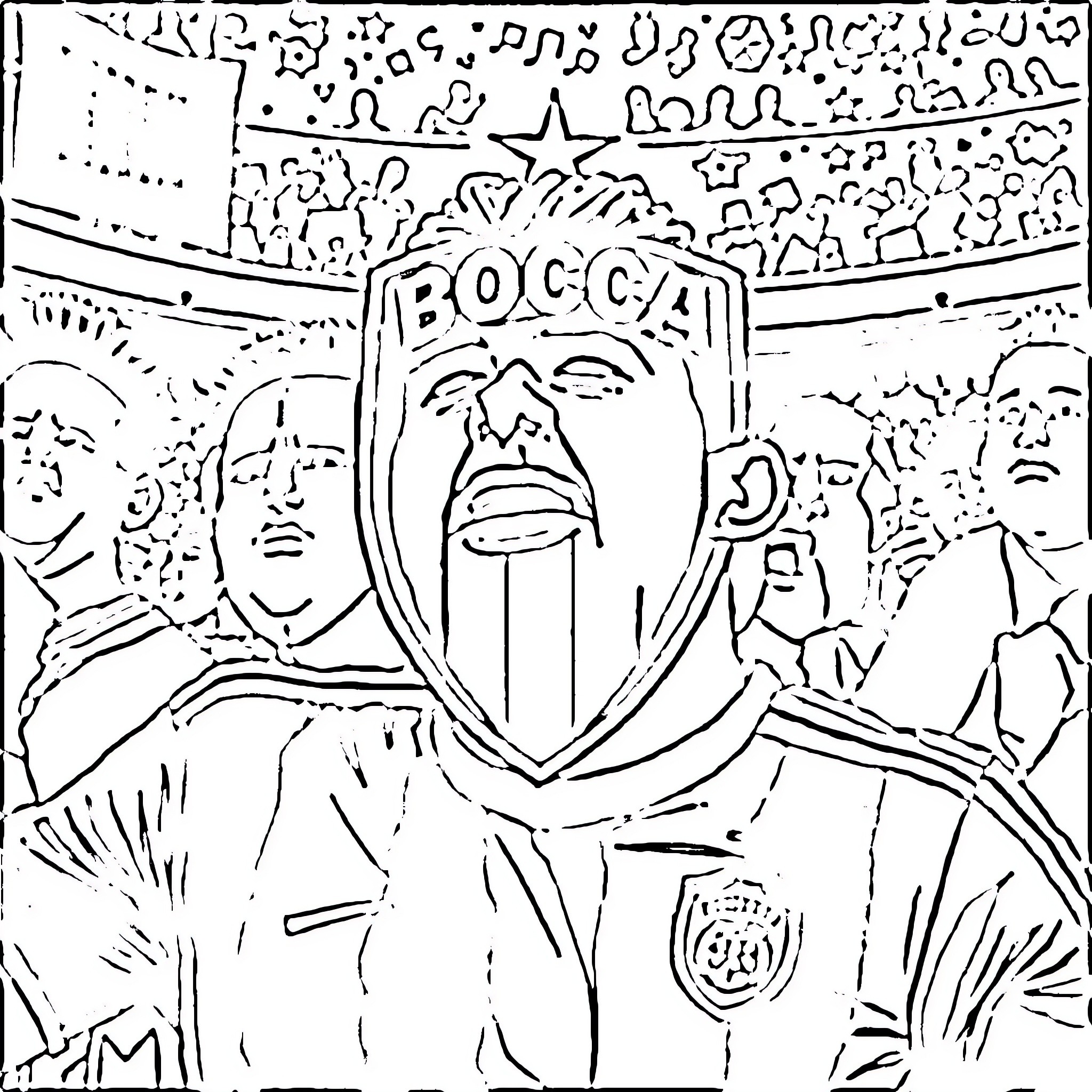 Boca Juniors fans showing passion at the stadium Coloring Page (free black-and-white line drawing printable PDF for all, from beginners to advanced learners, including children, teens, adults, and seniors)