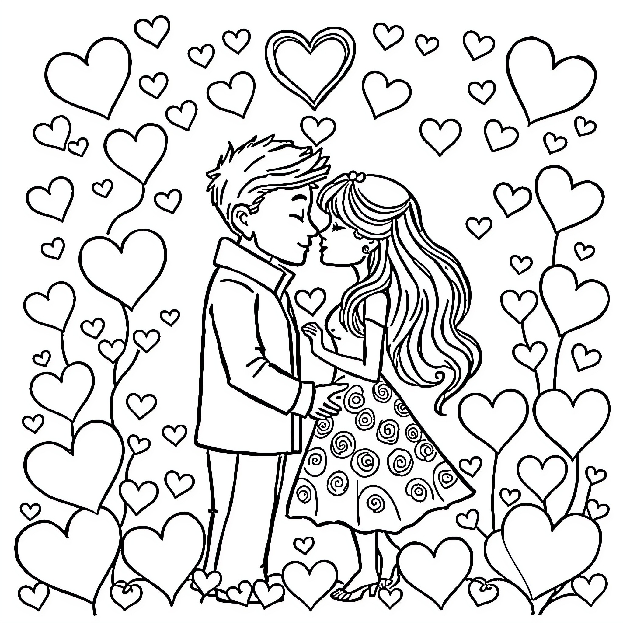 Heart-Warming Love Story: Couple's Intimate Embrace Coloring Page (free black-and-white line drawing printable PDF for all, from beginners to advanced learners, including children, teens, adults, and seniors)