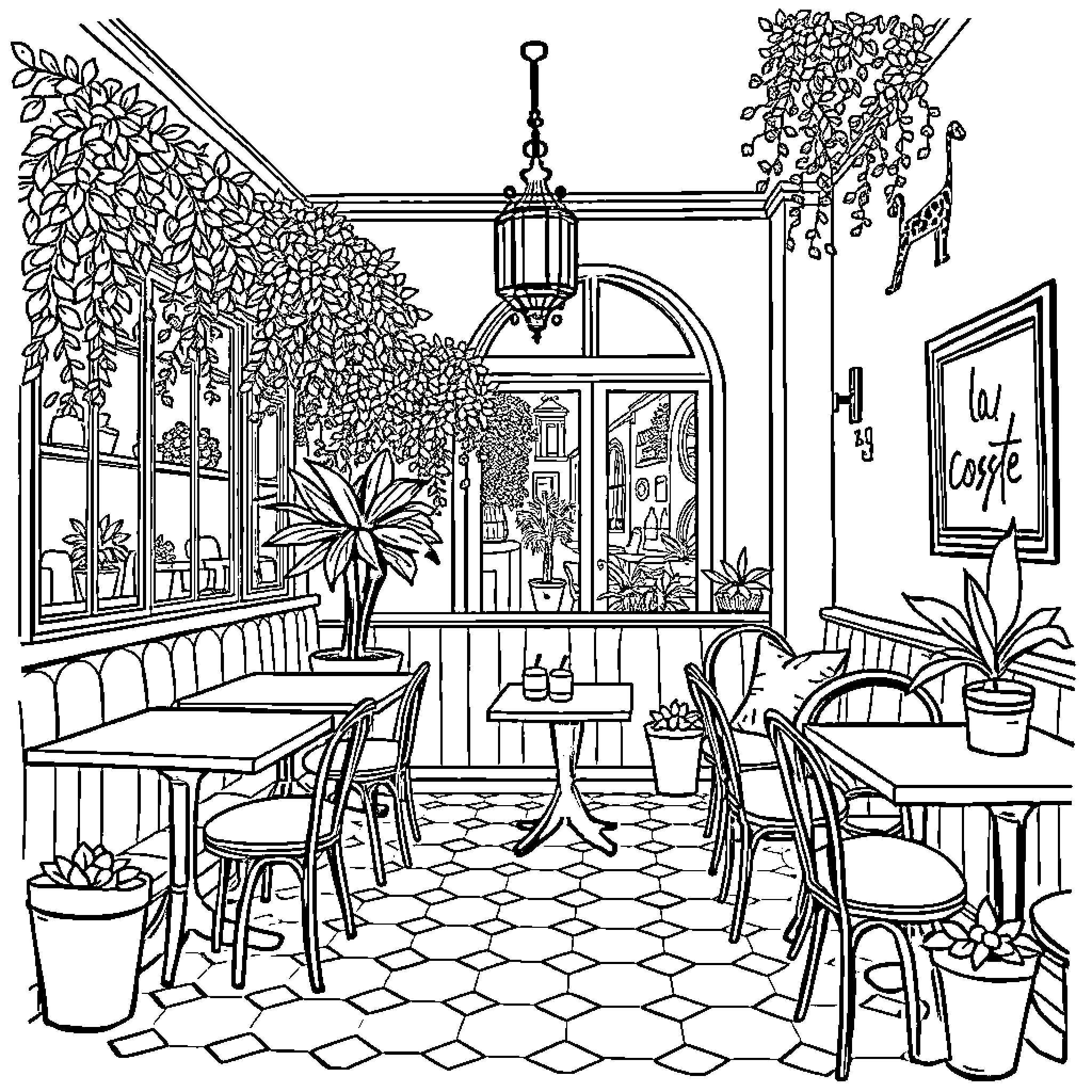 LA COSTE: Cozy Cafe Oasis with Lush Greenery Coloring Page (free black-and-white line drawing printable PDF for all, from beginners to advanced learners, including children, teens, adults, and seniors)