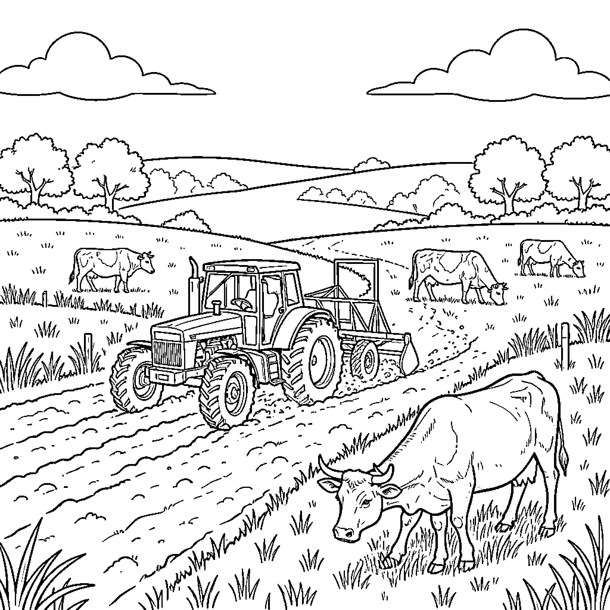 Tractor driving through a farm field with cows Coloring Page (free black-and-white line drawing printable PDF for all, from beginners to advanced learners, including children, teens, adults, and seniors)