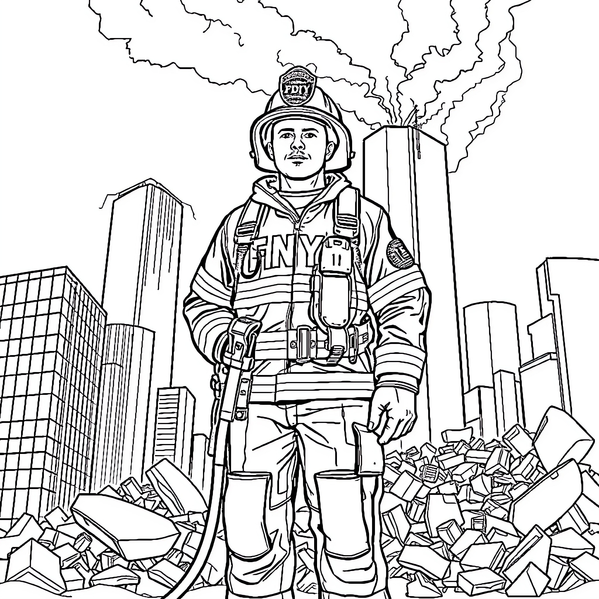 Fireman Responding to Emergency in City Skyline Coloring Page (free black-and-white line drawing printable PDF for all, from beginners to advanced learners, including children, teens, adults, and seniors)