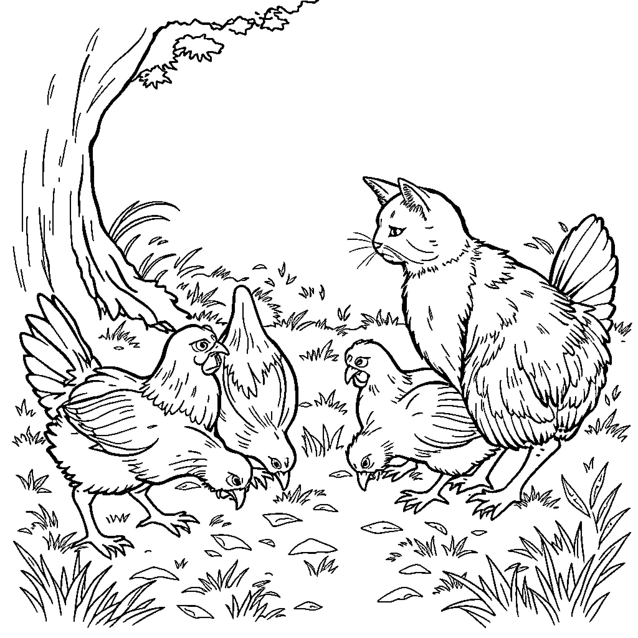Cat exploring nature with chickens Coloring Page (free black-and-white line drawing printable PDF for all, from beginners to advanced learners, including children, teens, adults, and seniors)