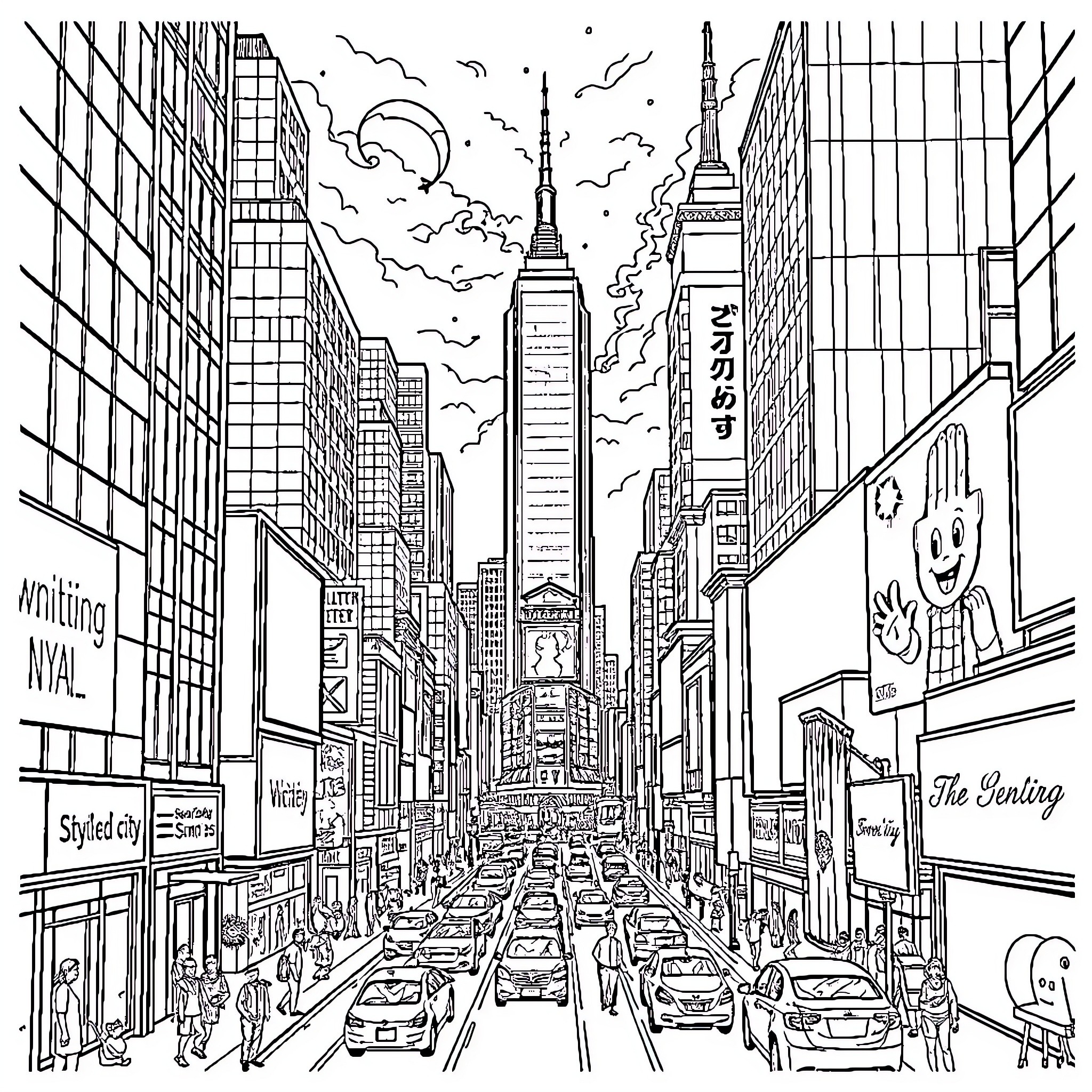 City scene with bustling streets and skyscrapers Coloring Page (free black-and-white line drawing printable PDF for all, from beginners to advanced learners, including children, teens, adults, and seniors)