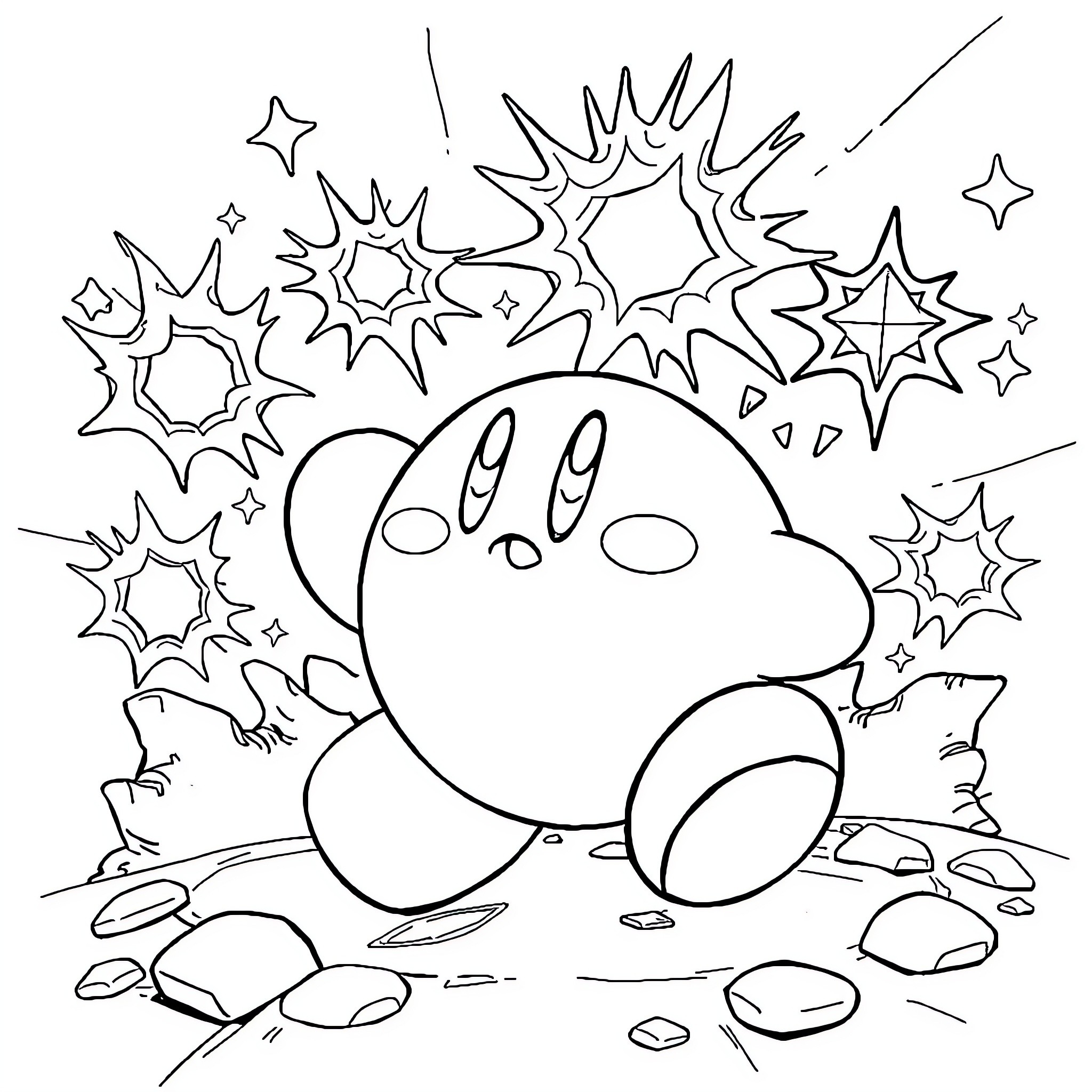 Kirby exploring a starry night sky Coloring Page (free black-and-white line drawing printable PDF for all, from beginners to advanced learners, including children, teens, adults, and seniors)