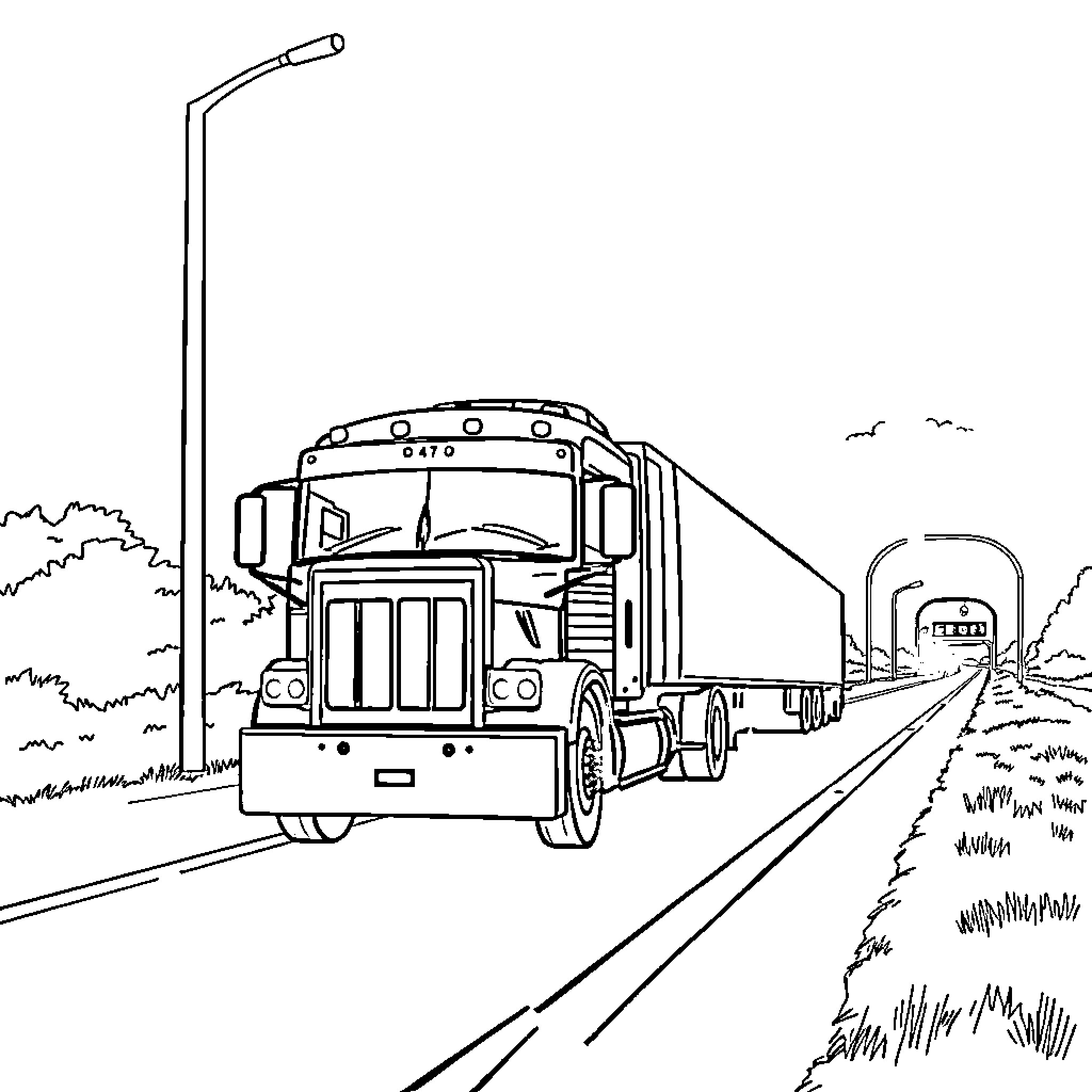 Camion driving on the highway with landscape Coloring Page (free black-and-white line drawing printable PDF for all, from beginners to advanced learners, including children, teens, adults, and seniors)