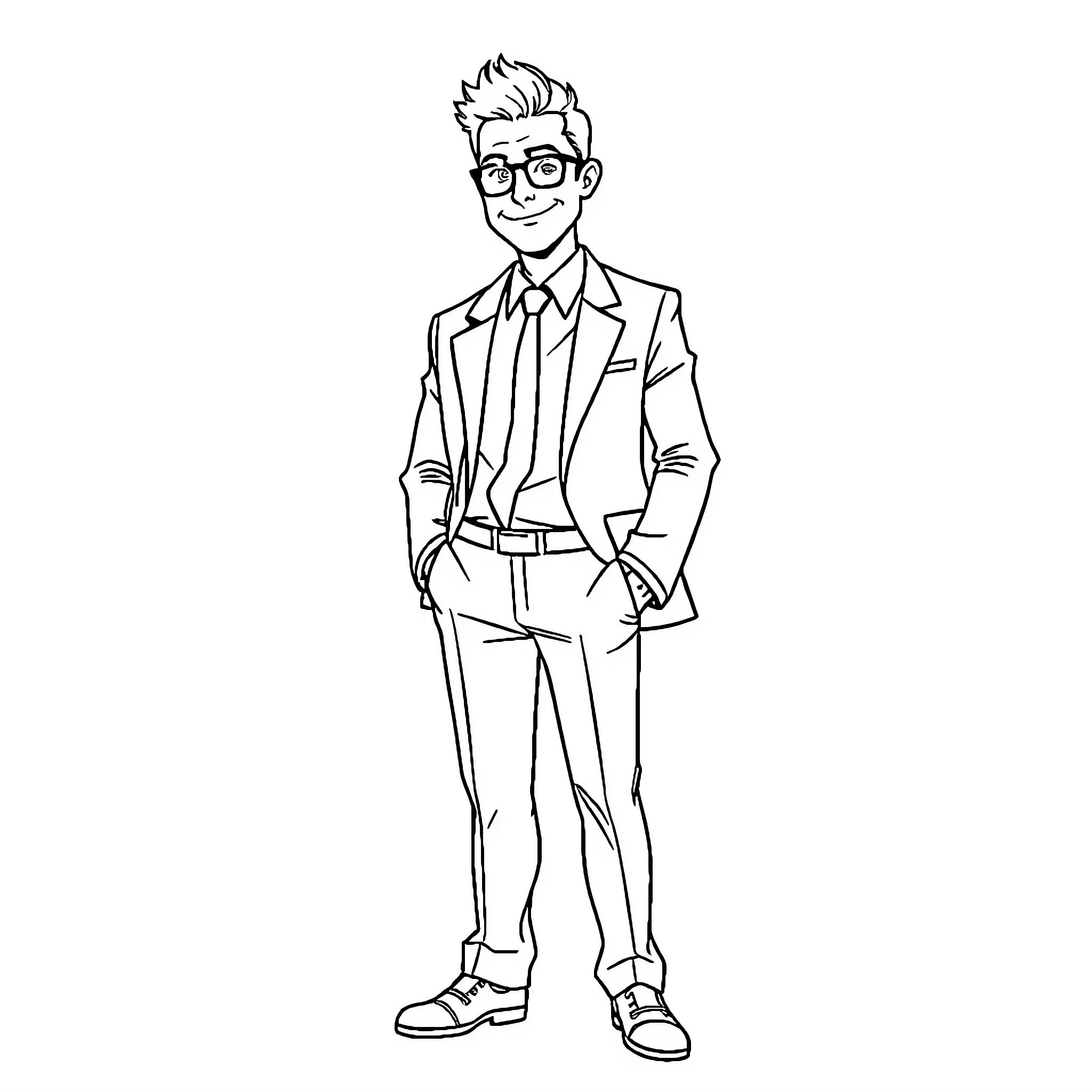 Adult businessman standing in formal attire Coloring Page (free black-and-white line drawing printable PDF for all, from beginners to advanced learners, including children, teens, adults, and seniors)