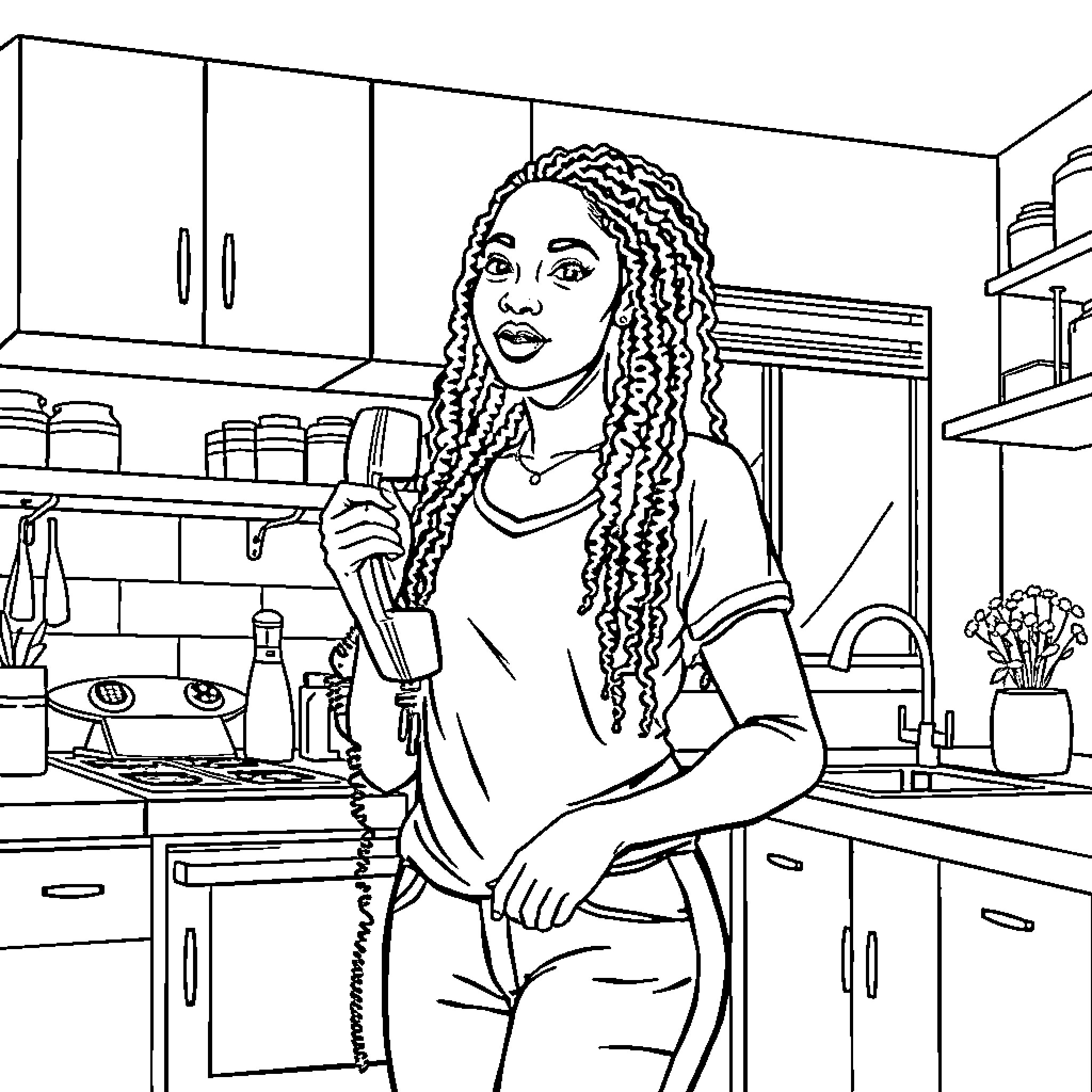 Woman enjoying a drink in her kitchen Coloring Page (free black-and-white line drawing printable PDF for all, from beginners to advanced learners, including children, teens, adults, and seniors)