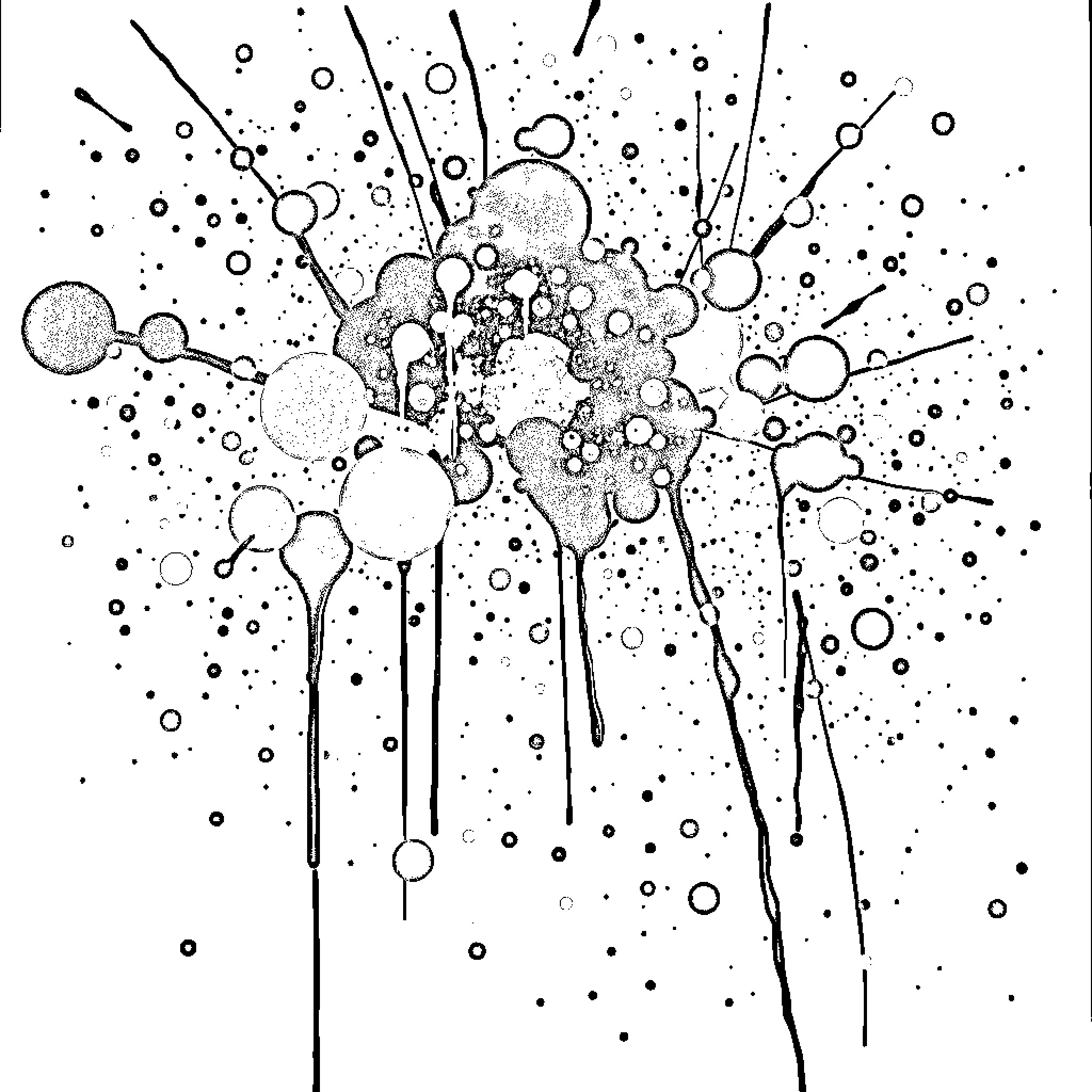 Paint Splatters in Chaotic Expression Coloring Page (free black-and-white line drawing printable PDF for all, from beginners to advanced learners, including children, teens, adults, and seniors)