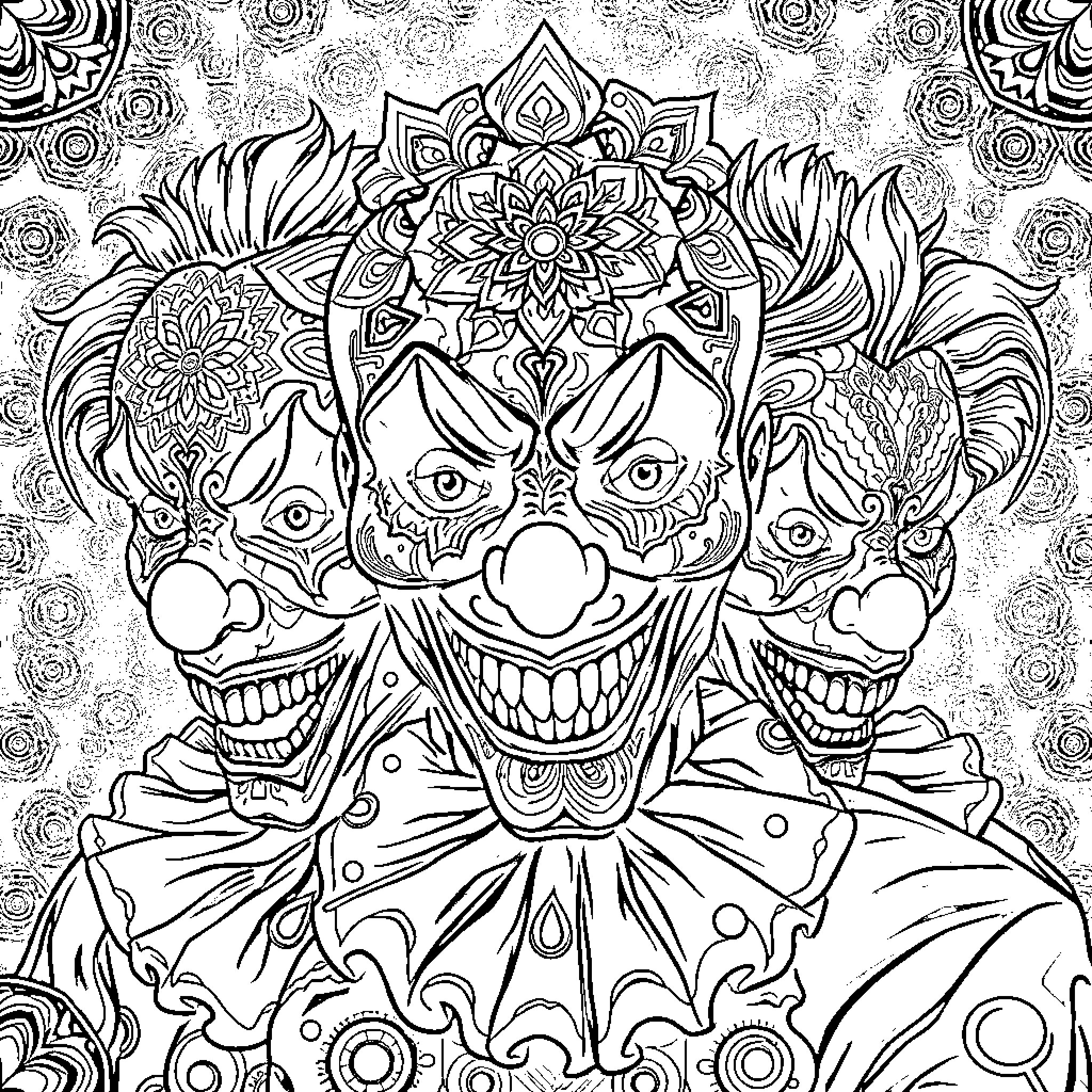 Clown with Ornate Mask and Expressions Coloring Page (free black-and-white line drawing printable PDF for all, from beginners to advanced learners, including children, teens, adults, and seniors)