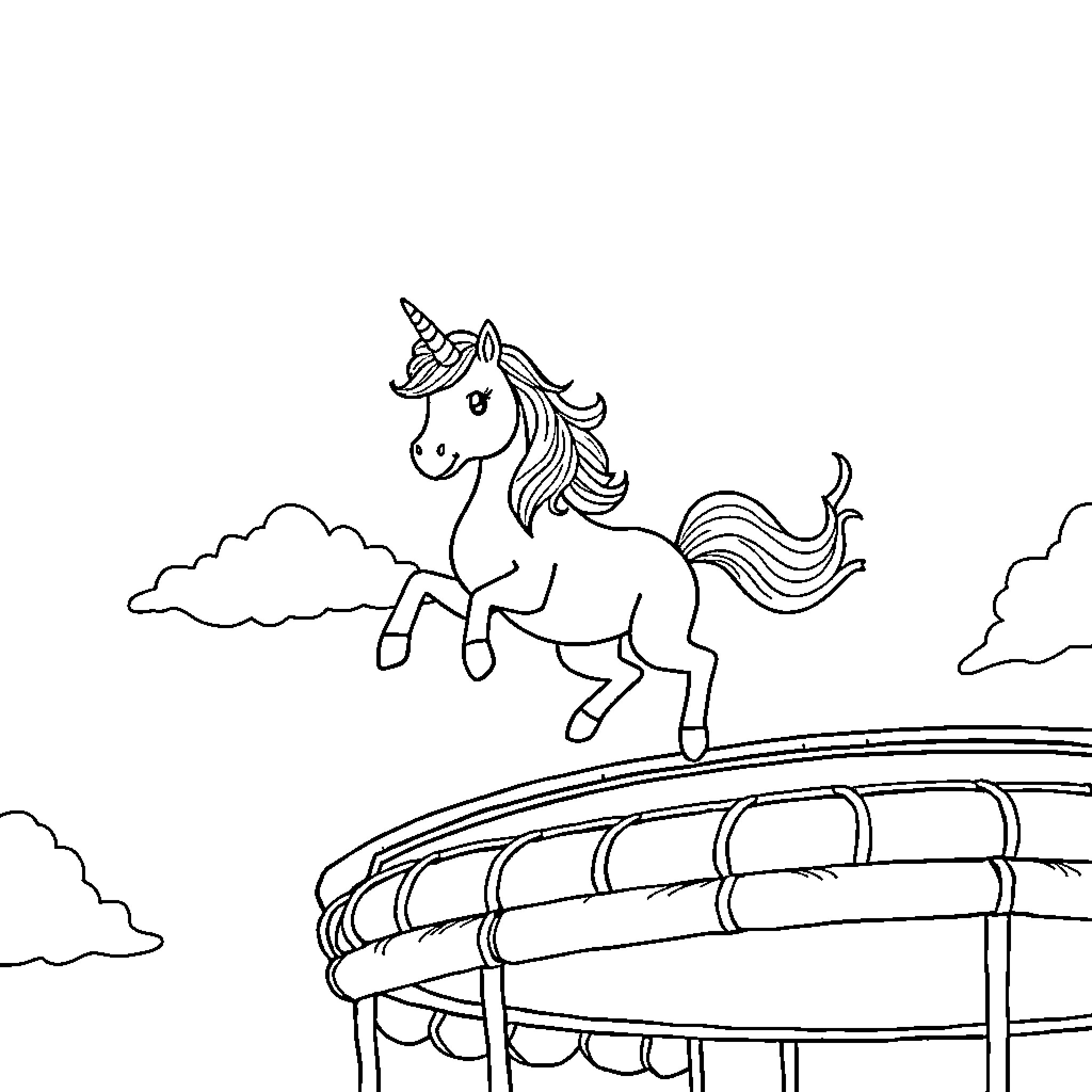Unicorn galloping gracefully on a whimsical bridge Coloring Page (free black-and-white line drawing printable PDF for all, from beginners to advanced learners, including children, teens, adults, and seniors)