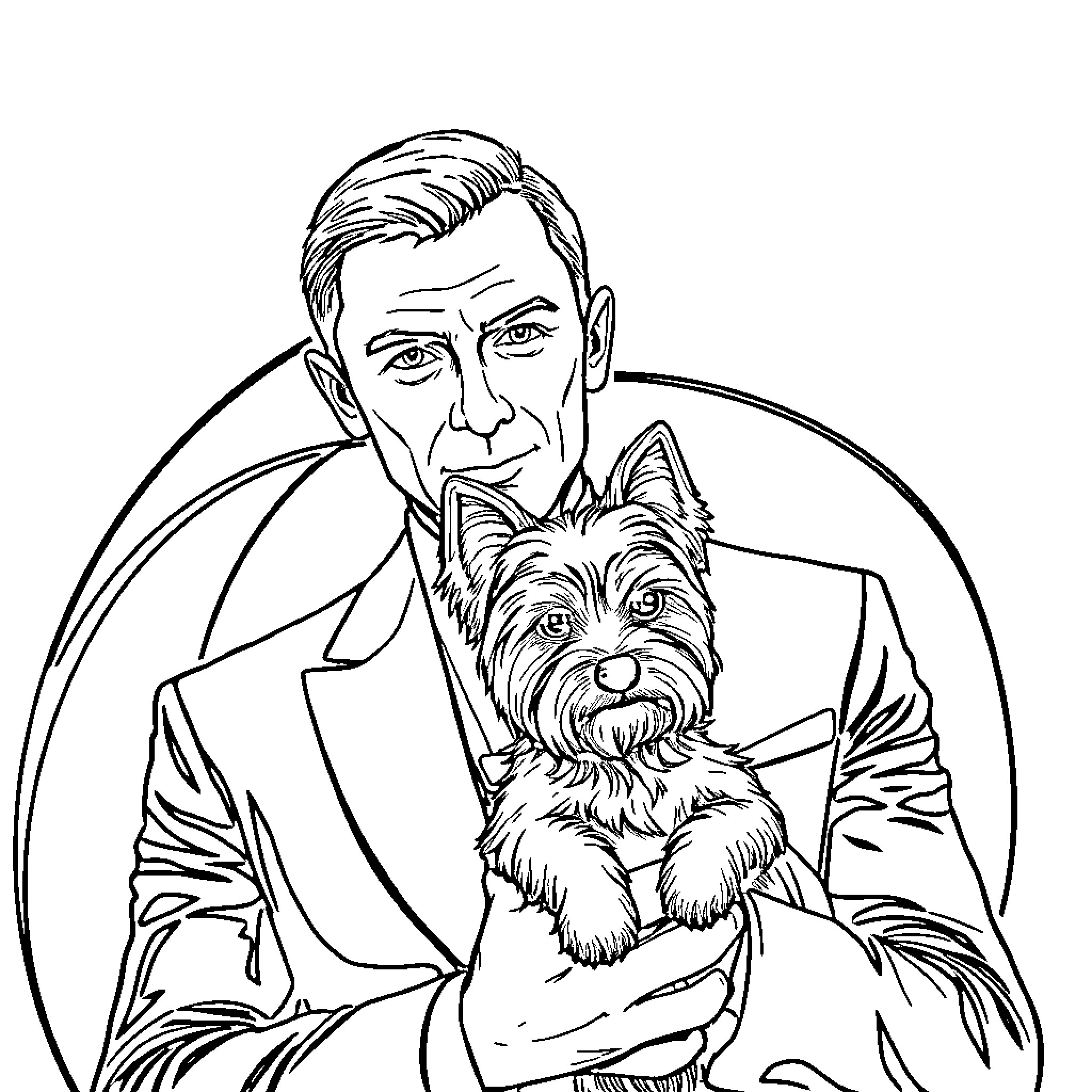 Yorkie Companion Comforts Concerned Man Coloring Page (free black-and-white line drawing printable PDF for all, from beginners to advanced learners, including children, teens, adults, and seniors)