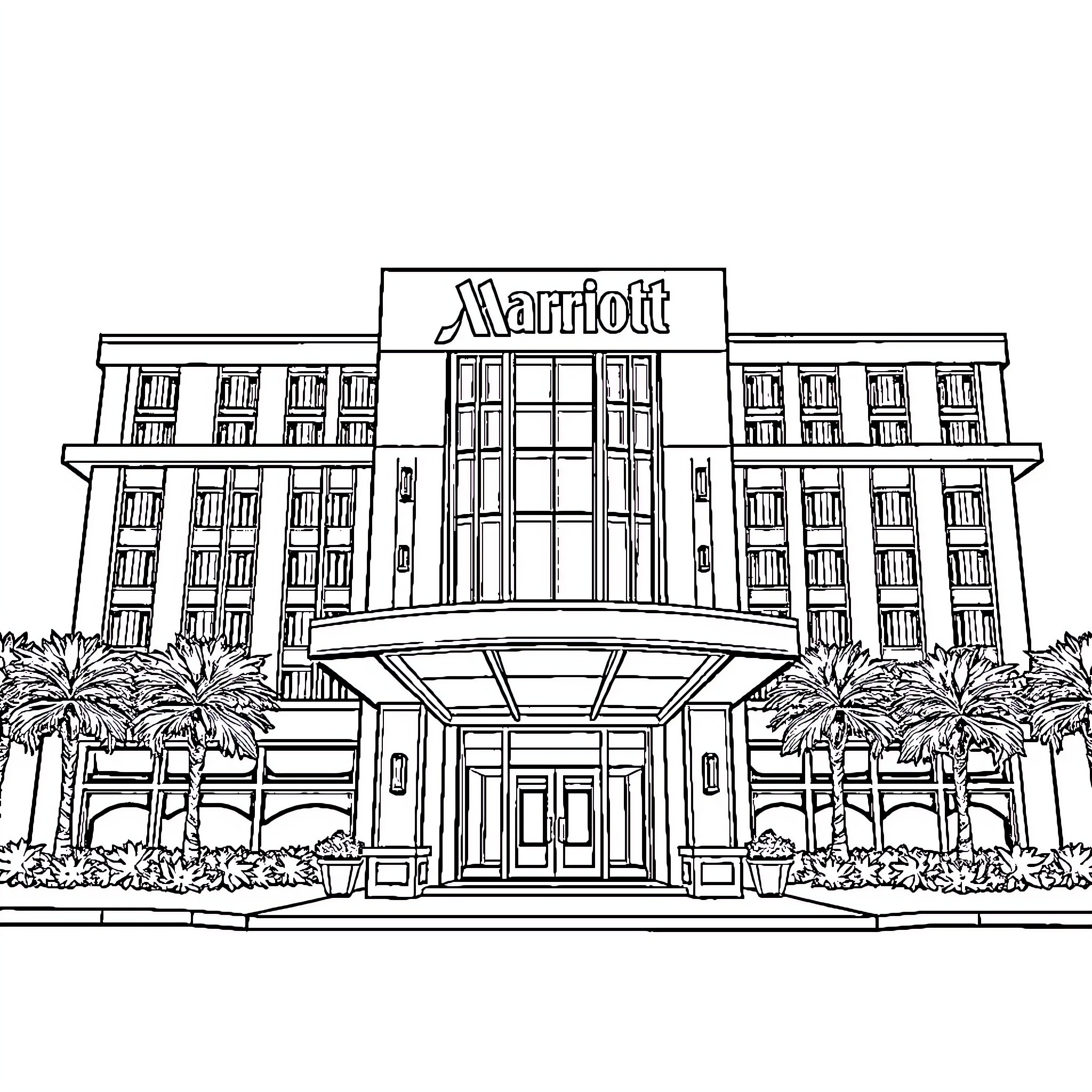Hotel with grand entrance and palm trees Coloring Page (free black-and-white line drawing printable PDF for all, from beginners to advanced learners, including children, teens, adults, and seniors)
