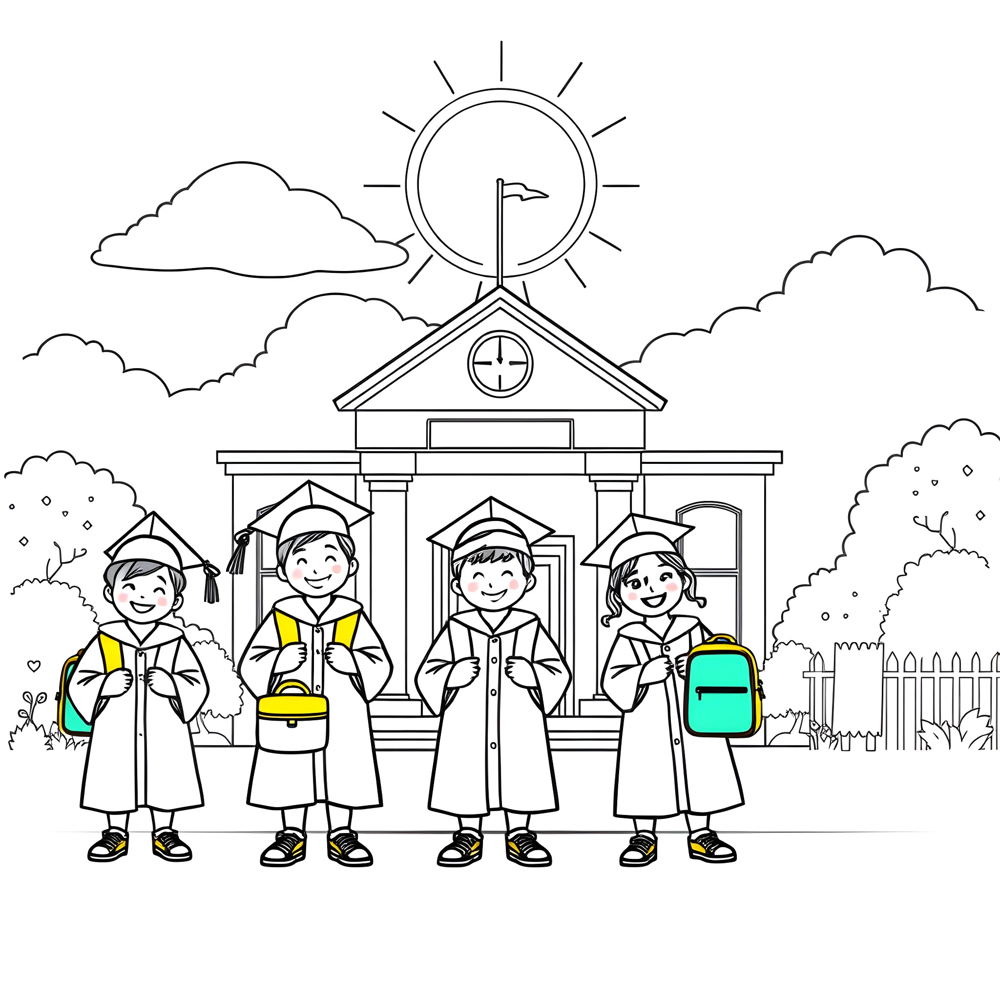 Kid Graduates with Friends in Front of School Coloring Page (free black-and-white line drawing printable PDF for all, from beginners to advanced learners, including children, teens, adults, and seniors)