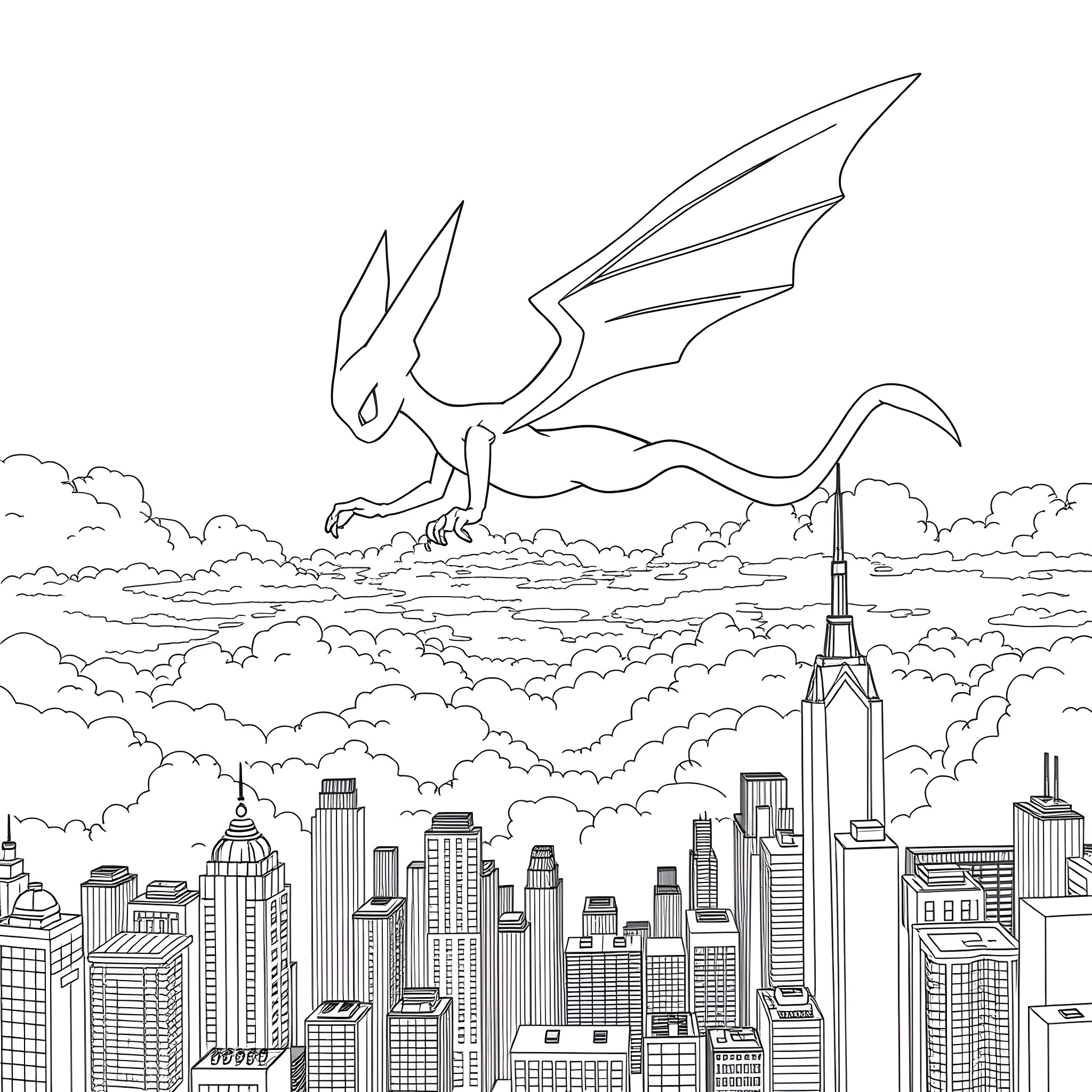 Mewtwo soaring over the cityscape Coloring Page (free black-and-white line drawing printable PDF for all, from beginners to advanced learners, including children, teens, adults, and seniors)