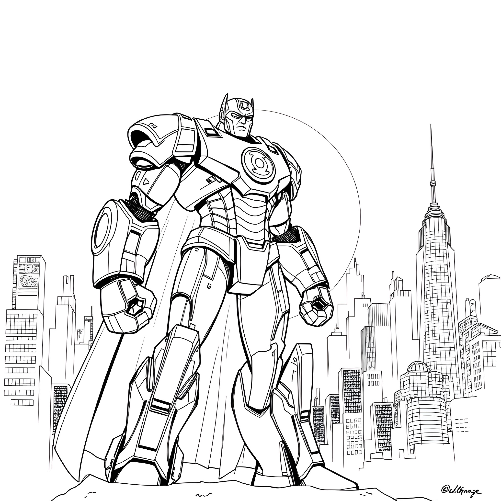Justice Buster Defends the City from Threats Coloring Page (free black-and-white line drawing printable PDF for all, from beginners to advanced learners, including children, teens, adults, and seniors)