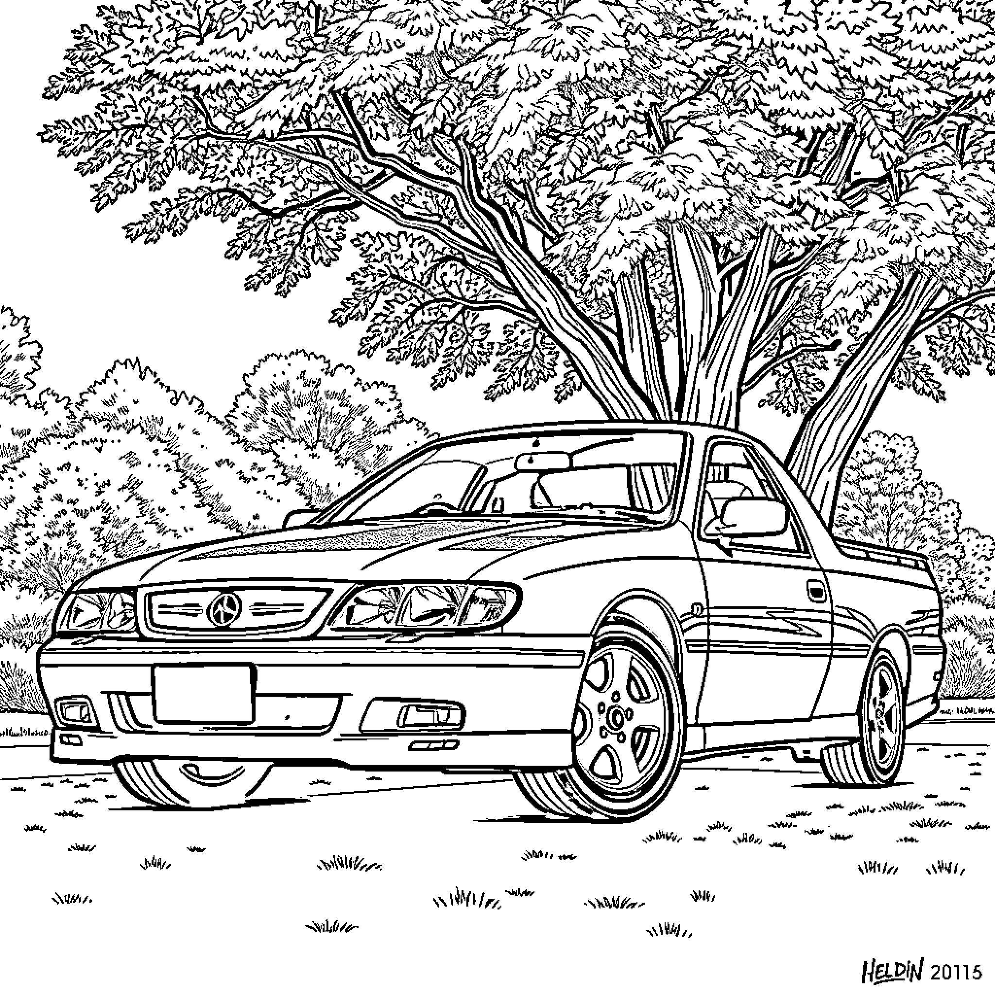 Holden VZ Ute parked in a scenic landscape Coloring Page (free black-and-white line drawing printable PDF for all, from beginners to advanced learners, including children, teens, adults, and seniors)