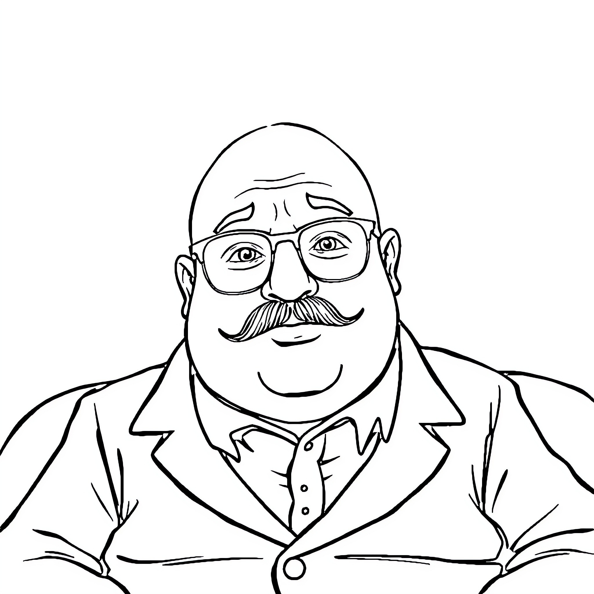 Man in glasses and mustache smiling cheerfully Coloring Page (free black-and-white line drawing printable PDF for all, from beginners to advanced learners, including children, teens, adults, and seniors)