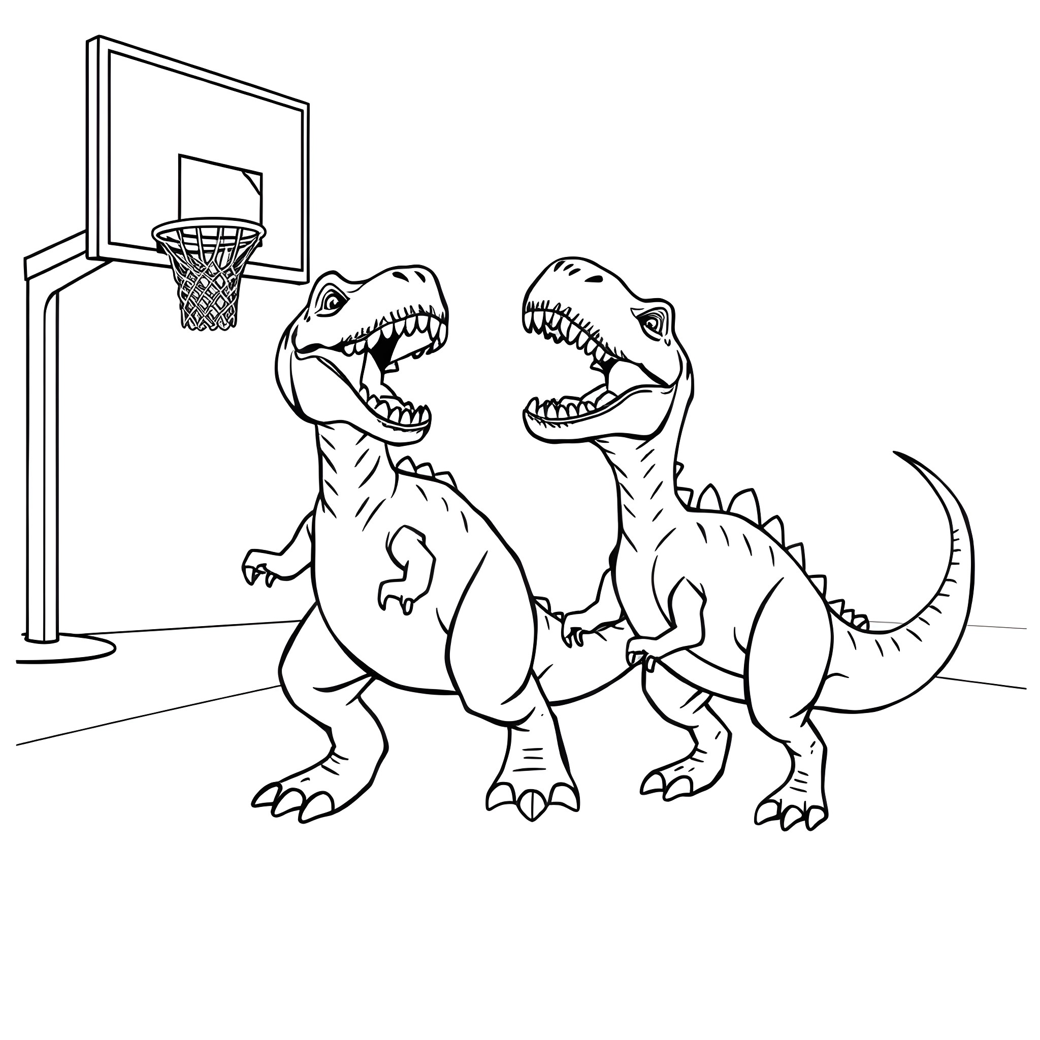 Dinosaurs playing basketball on court Coloring Page (free black-and-white line drawing printable PDF for all, from beginners to advanced learners, including children, teens, adults, and seniors)
