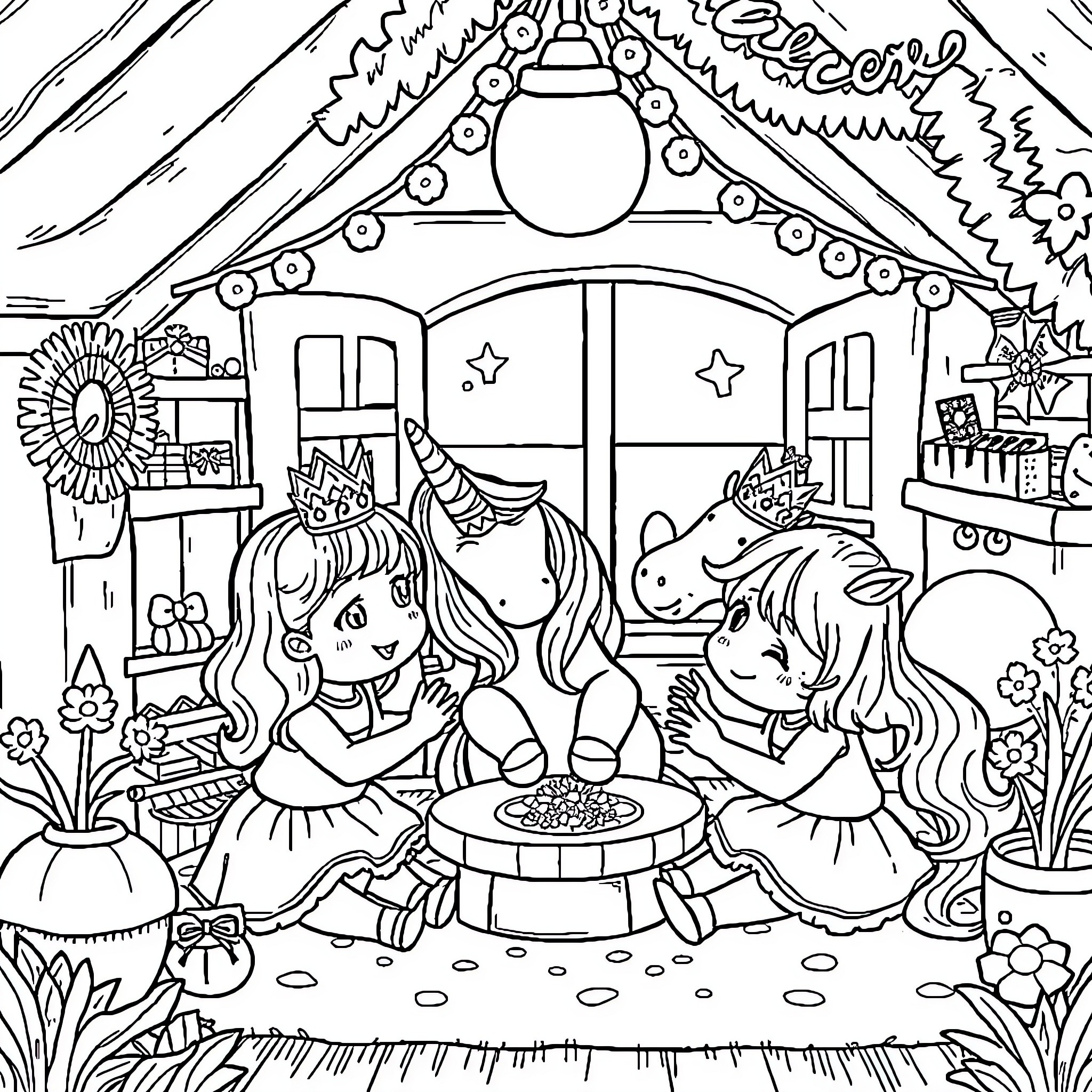 Unicorn friends having a magical picnic together Coloring Page (free black-and-white line drawing printable PDF for all, from beginners to advanced learners, including children, teens, adults, and seniors)