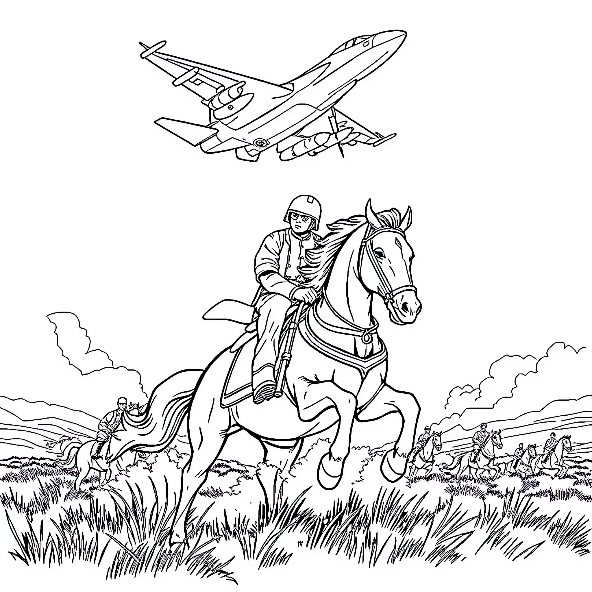 Char Leclerc riding horse in military scene Coloring Page (free black-and-white line drawing printable PDF for all, from beginners to advanced learners, including children, teens, adults, and seniors)