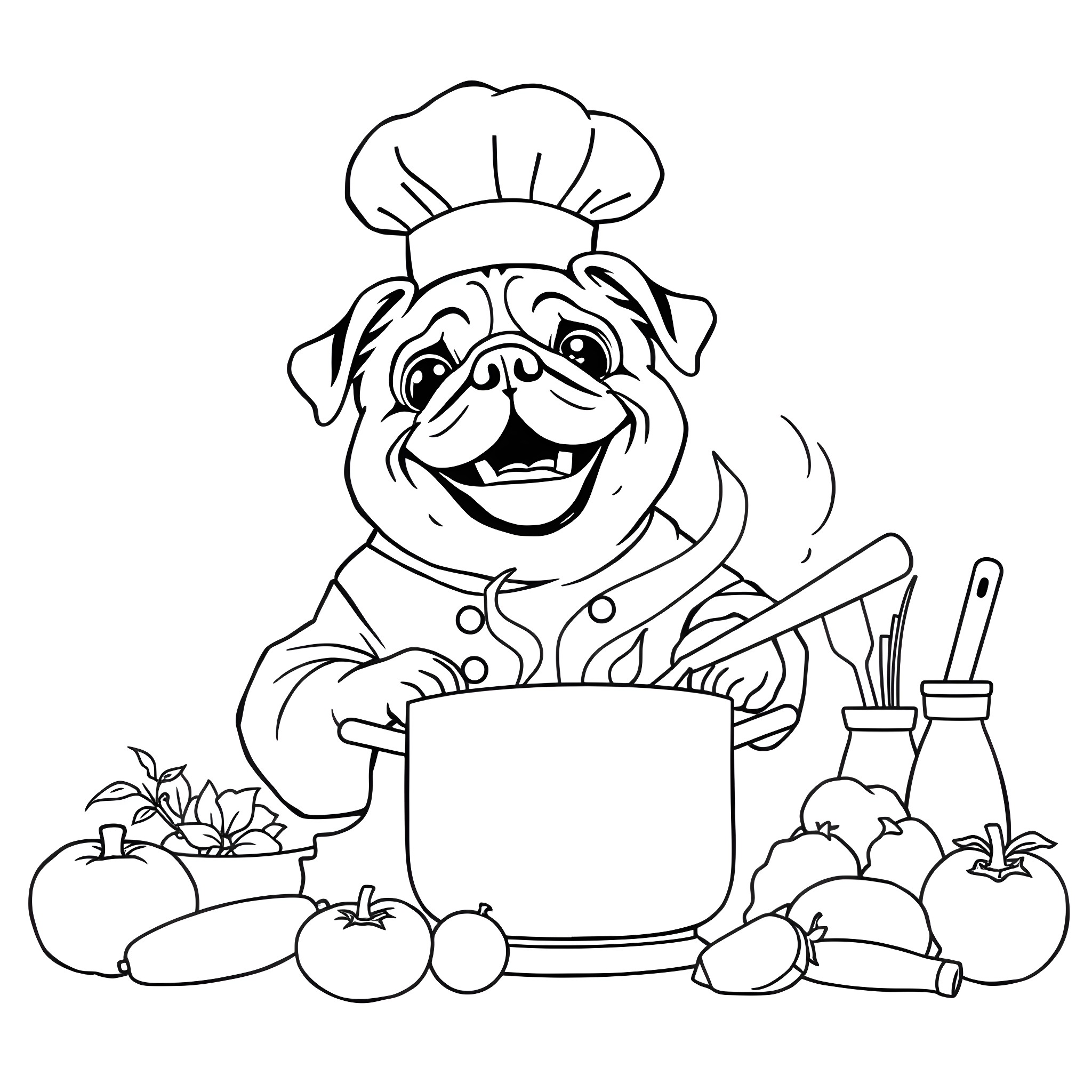 Pug chef cooking with vegetables in the kitchen Coloring Page (free black-and-white line drawing printable PDF for all, from beginners to advanced learners, including children, teens, adults, and seniors)