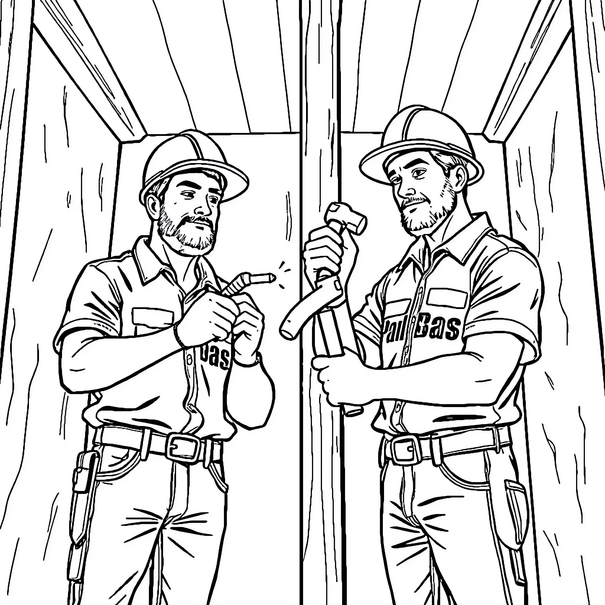 Construction Workers Discussing Plans on Site Coloring Page (free black-and-white line drawing printable PDF for all, from beginners to advanced learners, including children, teens, adults, and seniors)