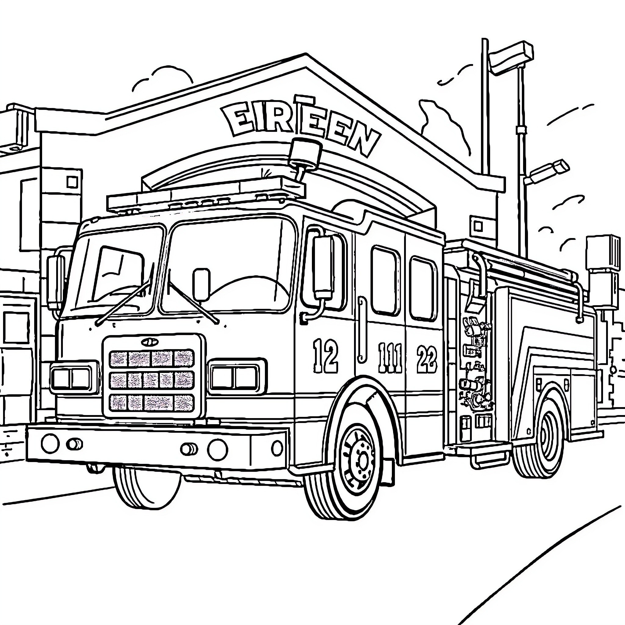 Fire Truck rushing to an emergency scene Coloring Page (free black-and-white line drawing printable PDF for all, from beginners to advanced learners, including children, teens, adults, and seniors)
