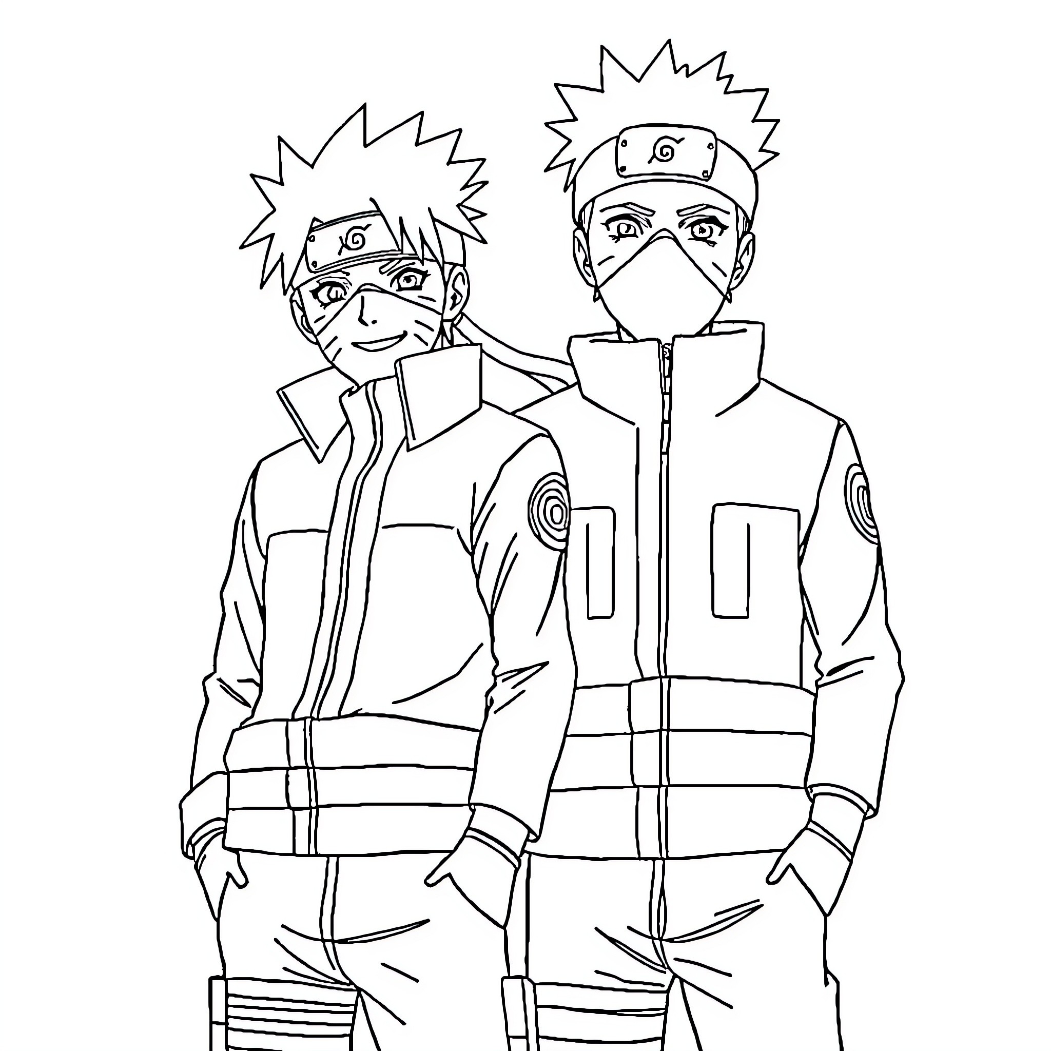 Naruto characters in heroic ninja poses Coloring Page (free black-and-white line drawing printable PDF for all, from beginners to advanced learners, including children, teens, adults, and seniors)