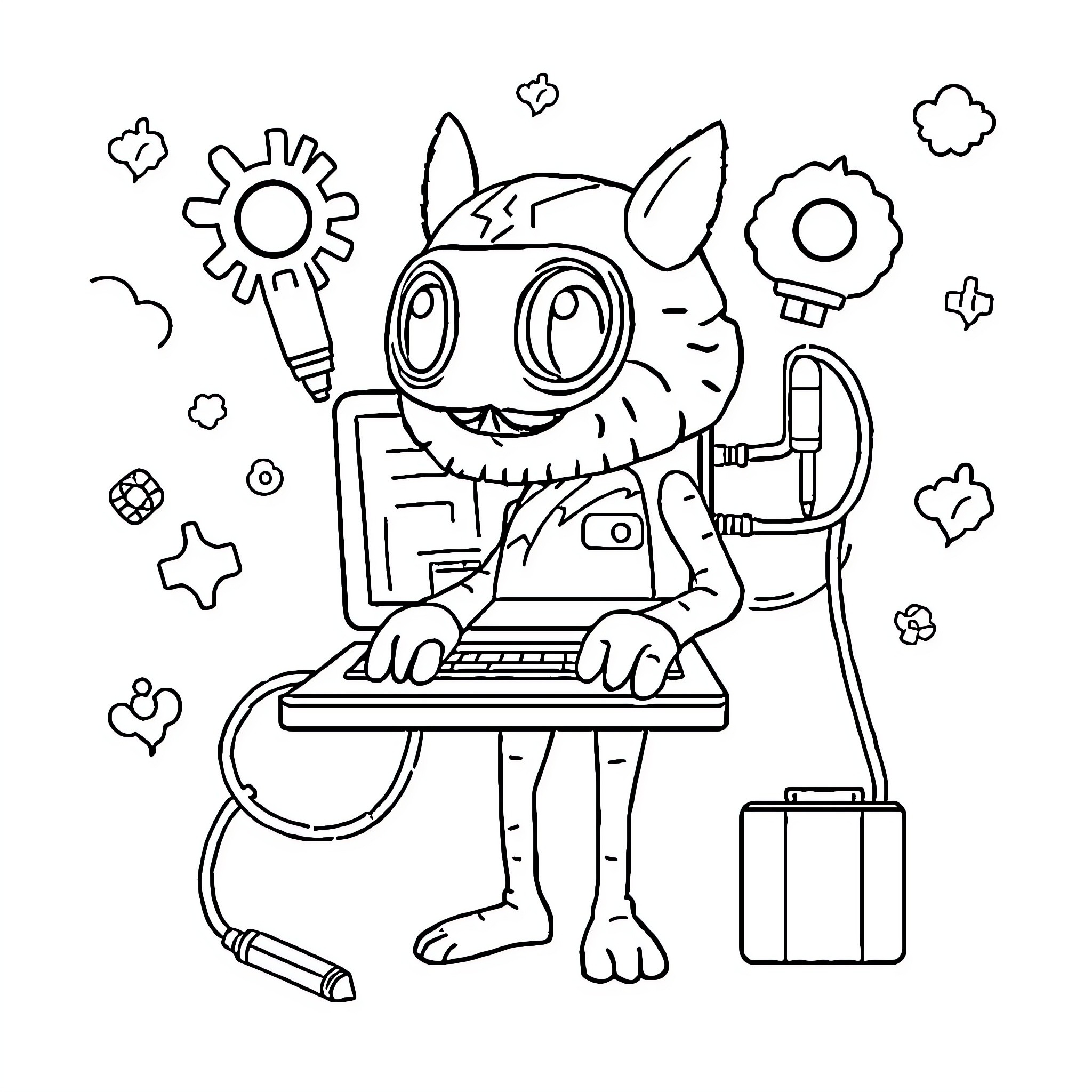 Hardware-inspired Cartoon Character using Computer Coloring Page (free black-and-white line drawing printable PDF for all, from beginners to advanced learners, including children, teens, adults, and seniors)