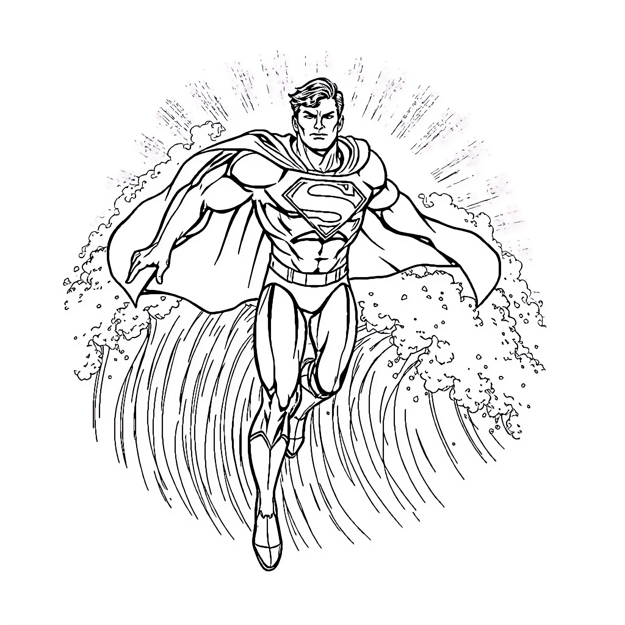 Superman's Heroic Leap into Action Coloring Page (free black-and-white line drawing printable PDF for all, from beginners to advanced learners, including children, teens, adults, and seniors)