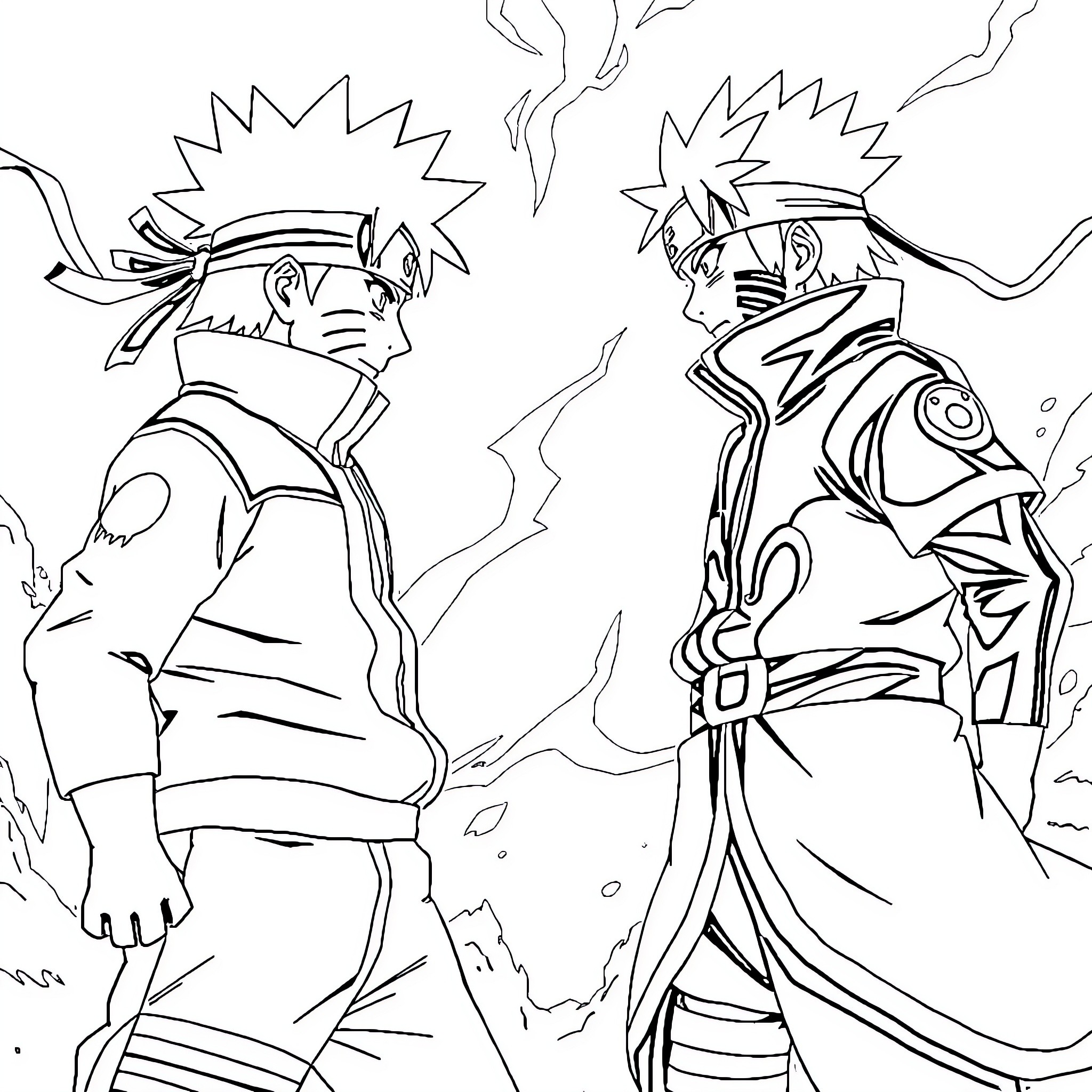 Naruto characters in intense action poses Coloring Page (free black-and-white line drawing printable PDF for all, from beginners to advanced learners, including children, teens, adults, and seniors)