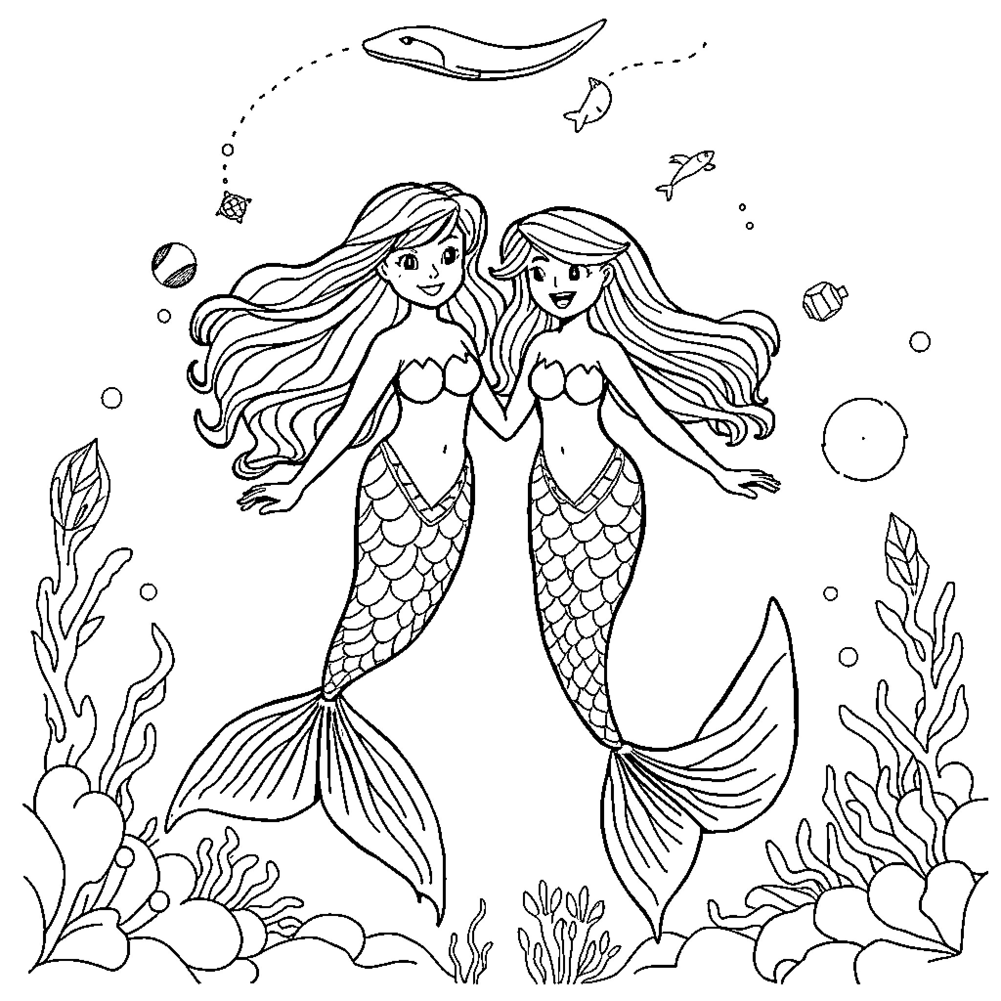 Mermaid sisters swimming in the ocean Coloring Page (free black-and-white line drawing printable PDF for all, from beginners to advanced learners, including children, teens, adults, and seniors)