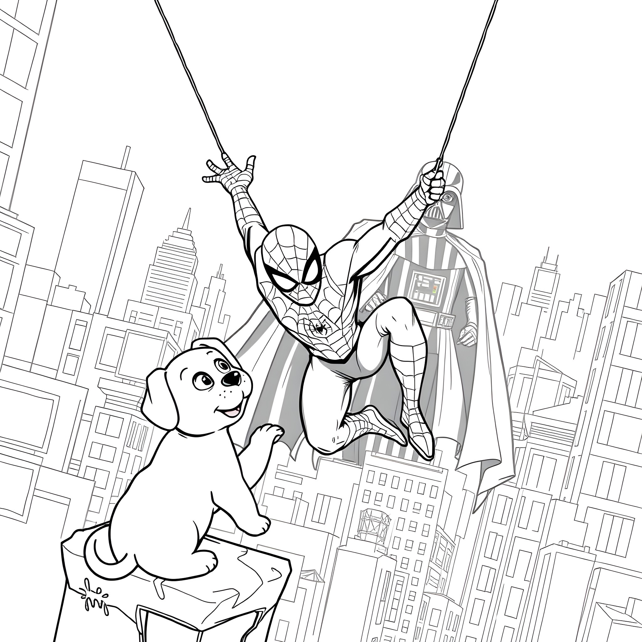 Spider-Man fighting against Darth Vader in the city Coloring Page (free black-and-white line drawing printable PDF for all, from beginners to advanced learners, including children, teens, adults, and seniors)