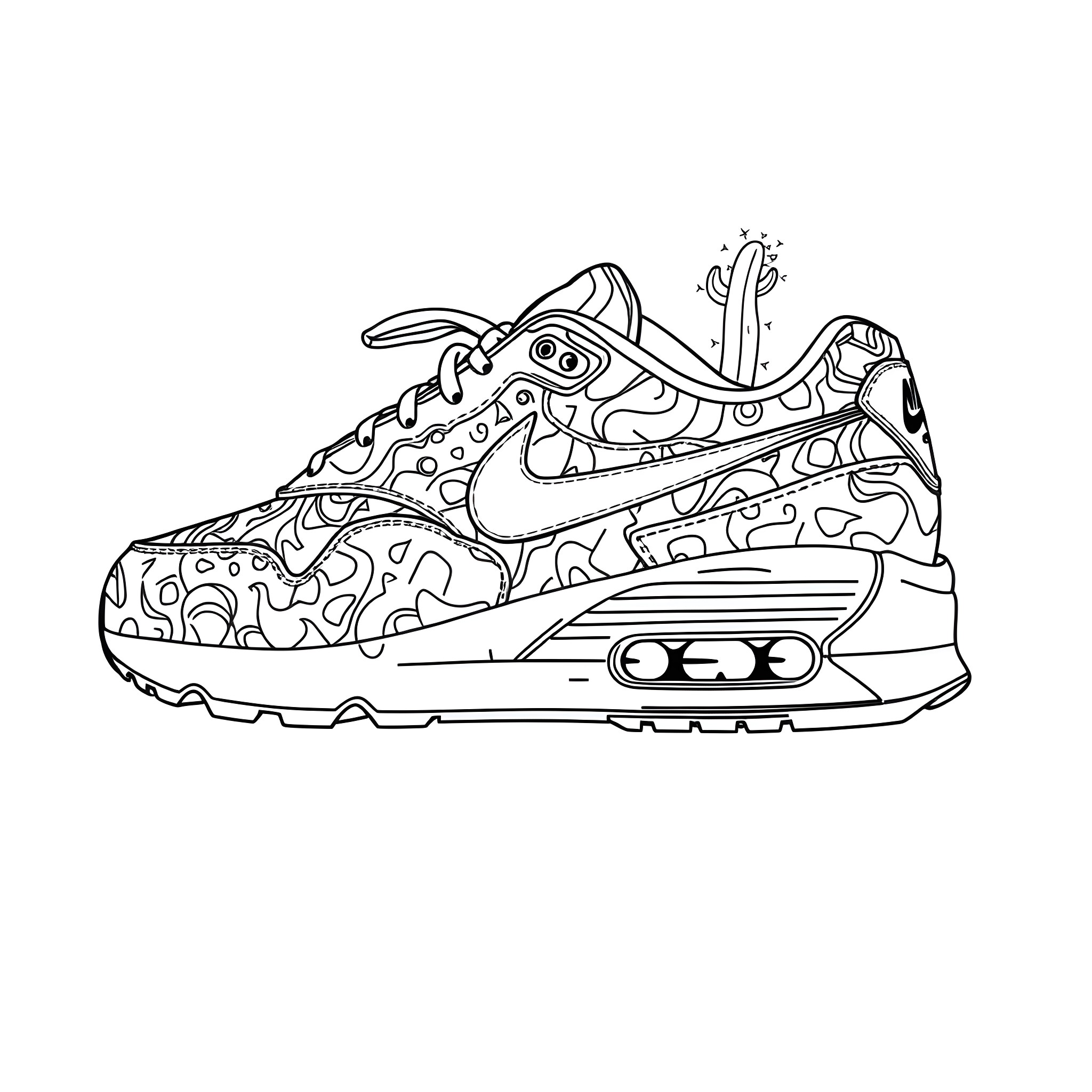 Nike Airmax sneaker with abstract artistic design Coloring Page (free black-and-white line drawing printable PDF for all, from beginners to advanced learners, including children, teens, adults, and seniors)