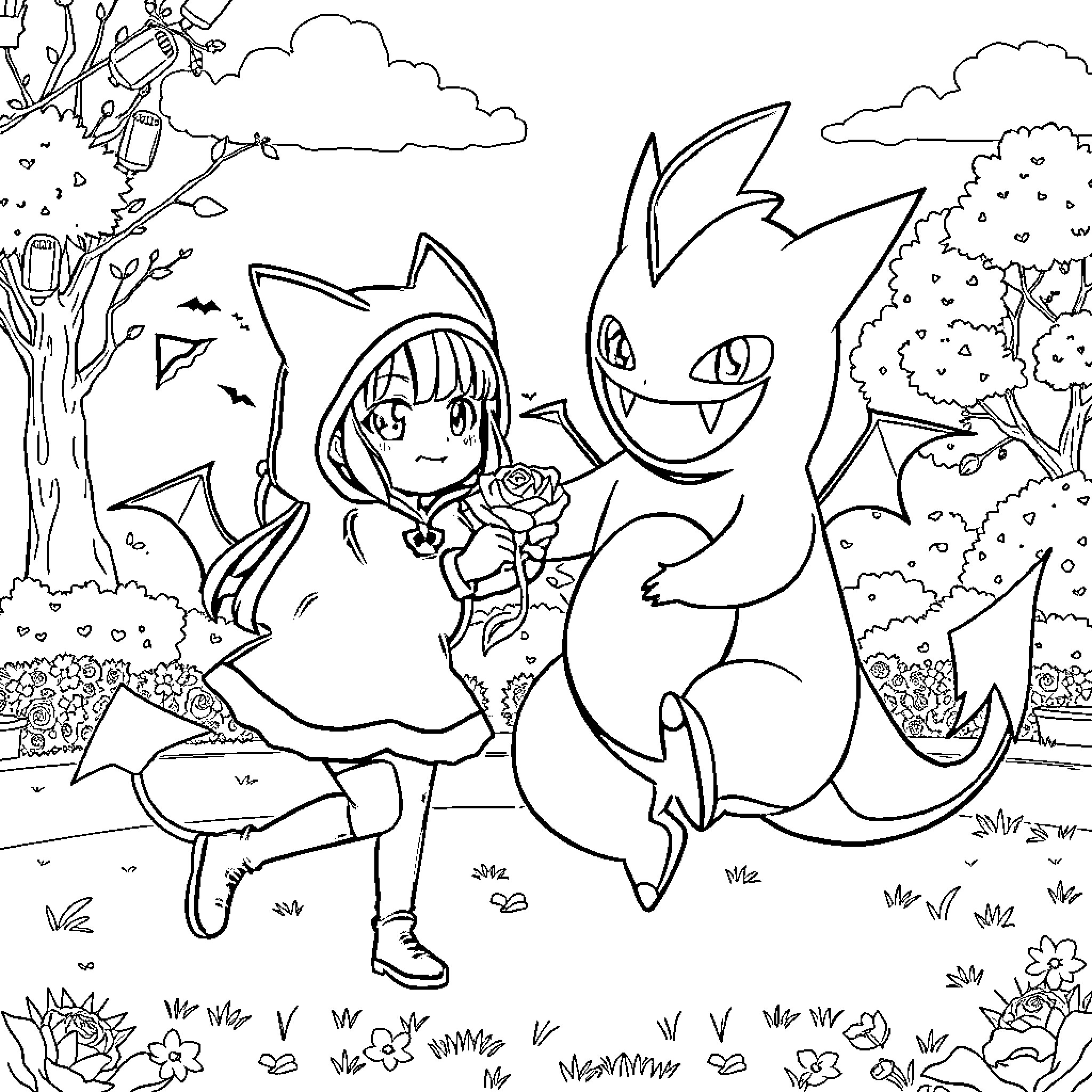 Kuromi and her mischievous creature exploring the forest Coloring Page (free black-and-white line drawing printable PDF for all, from beginners to advanced learners, including children, teens, adults, and seniors)