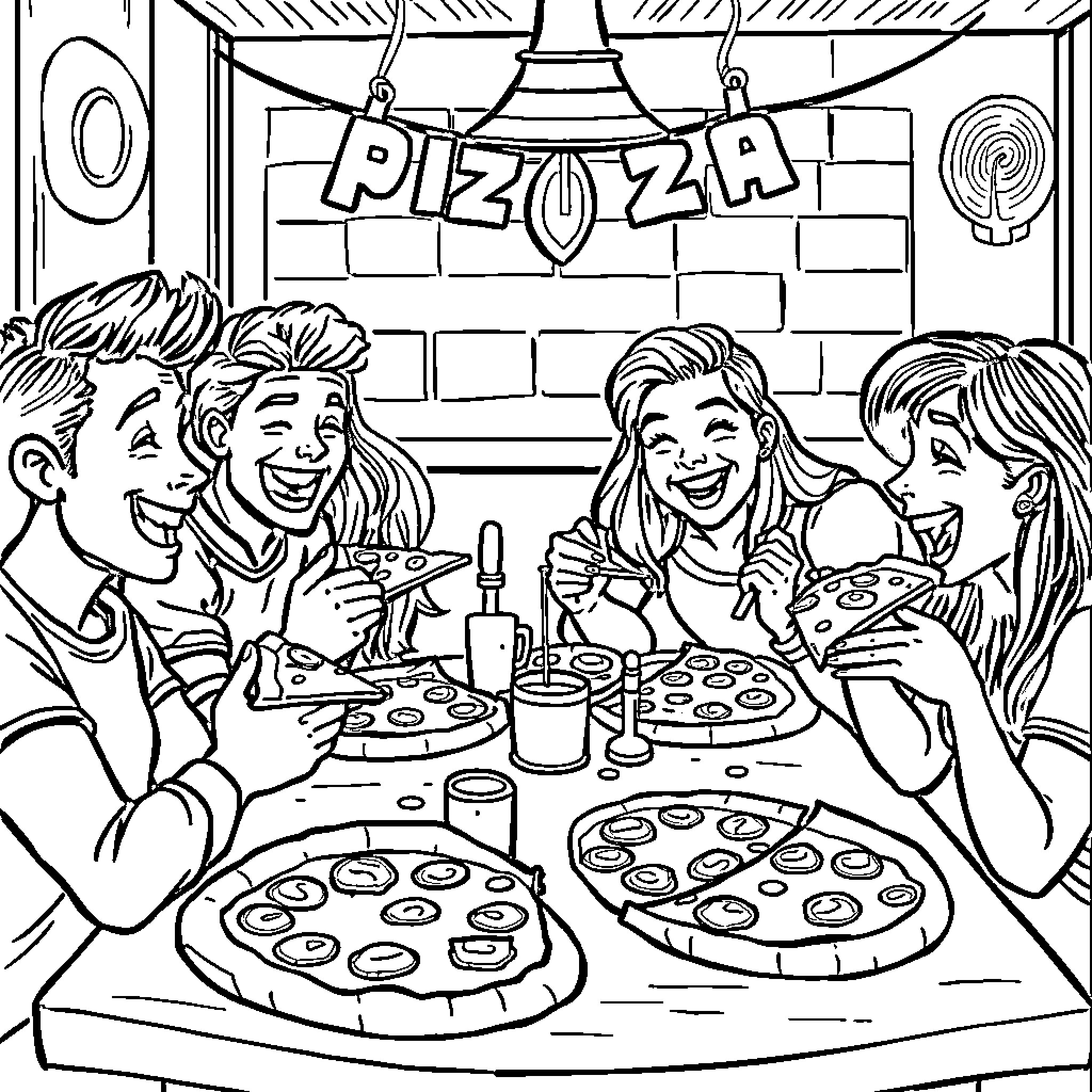 Pizza Dinner with Friends at the Pizzeria Coloring Page (free black-and-white line drawing printable PDF for all, from beginners to advanced learners, including children, teens, adults, and seniors)