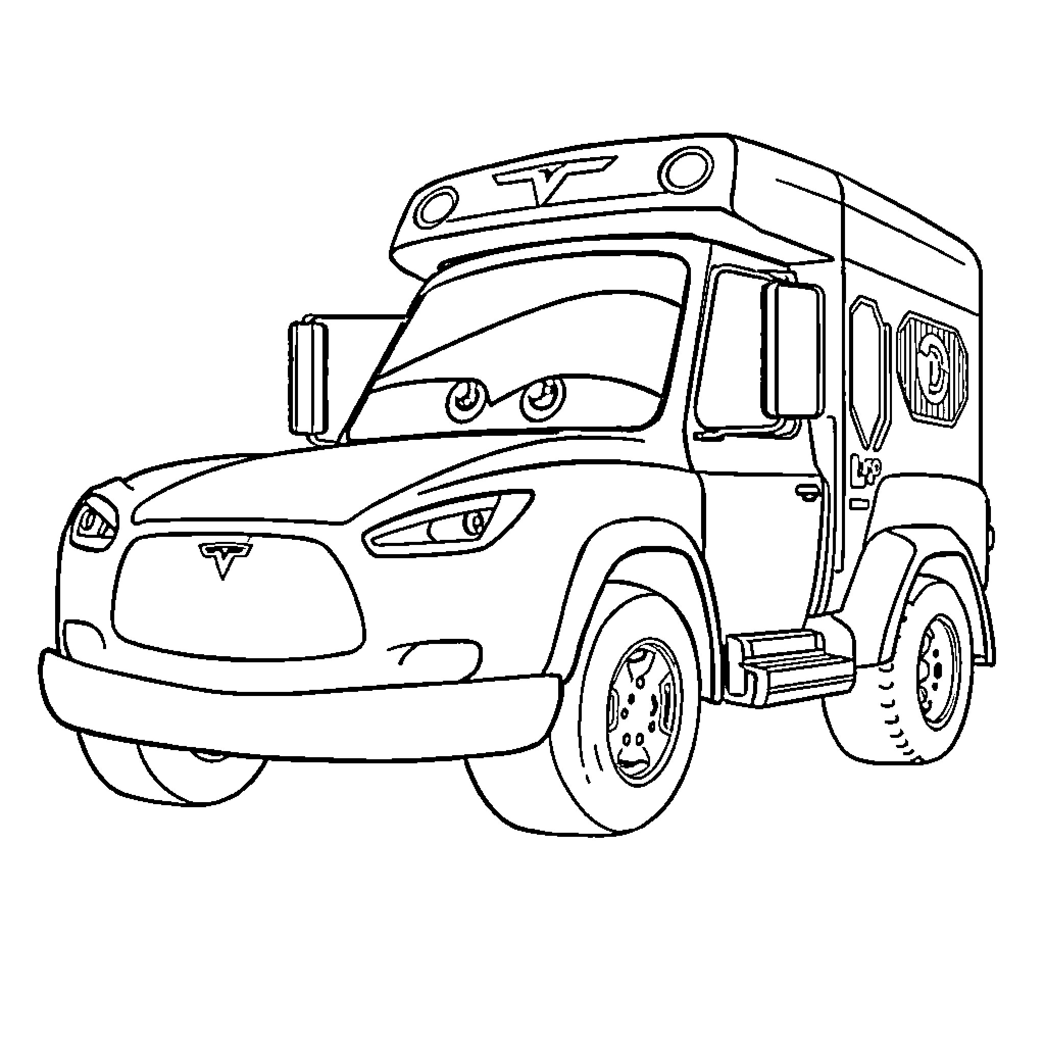 Tesla Truck on the move with accessories Coloring Page (free black-and-white line drawing printable PDF for all, from beginners to advanced learners, including children, teens, adults, and seniors)