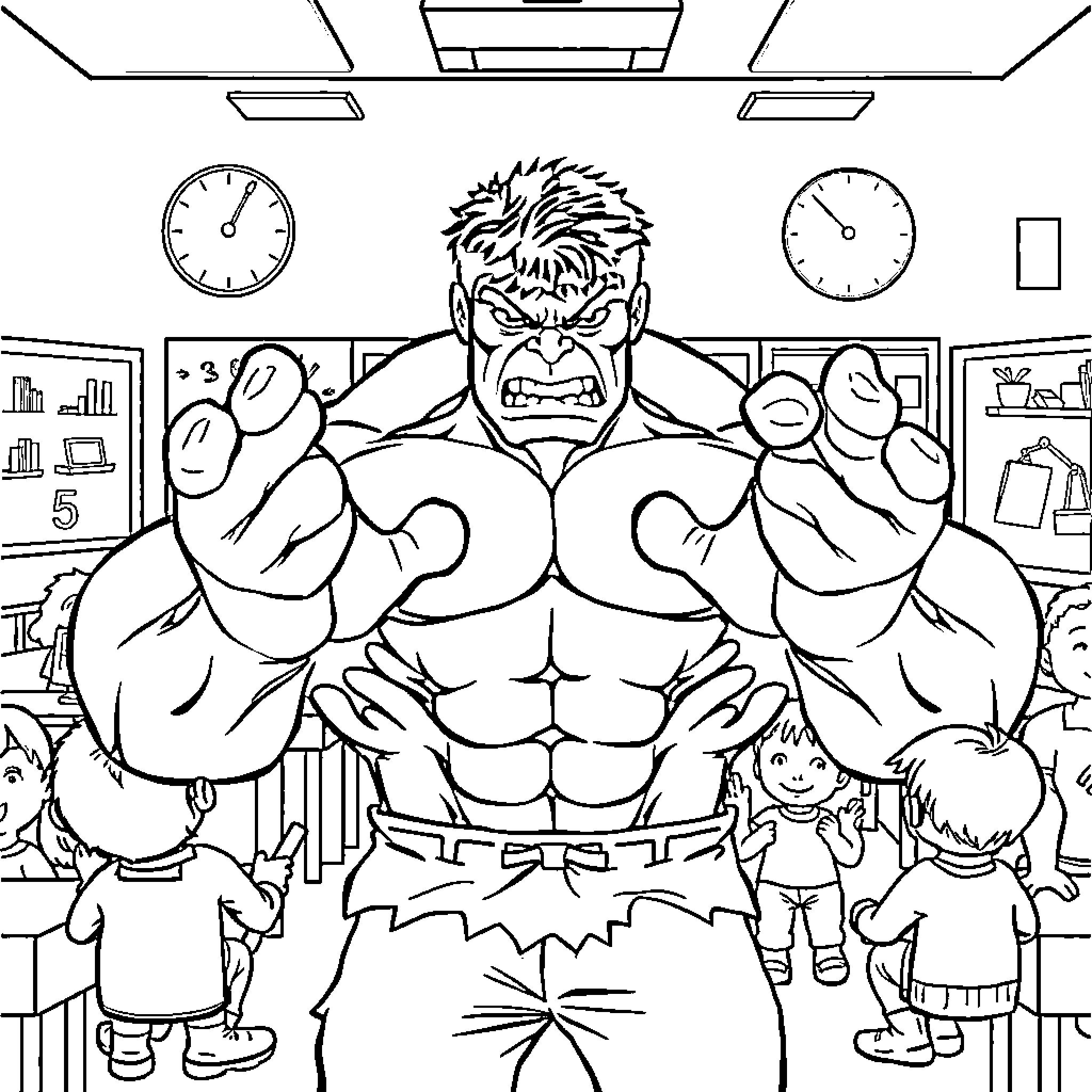 Hulk Angry and Intimidating in an Office Setting Coloring Page (free black-and-white line drawing printable PDF for all, from beginners to advanced learners, including children, teens, adults, and seniors)