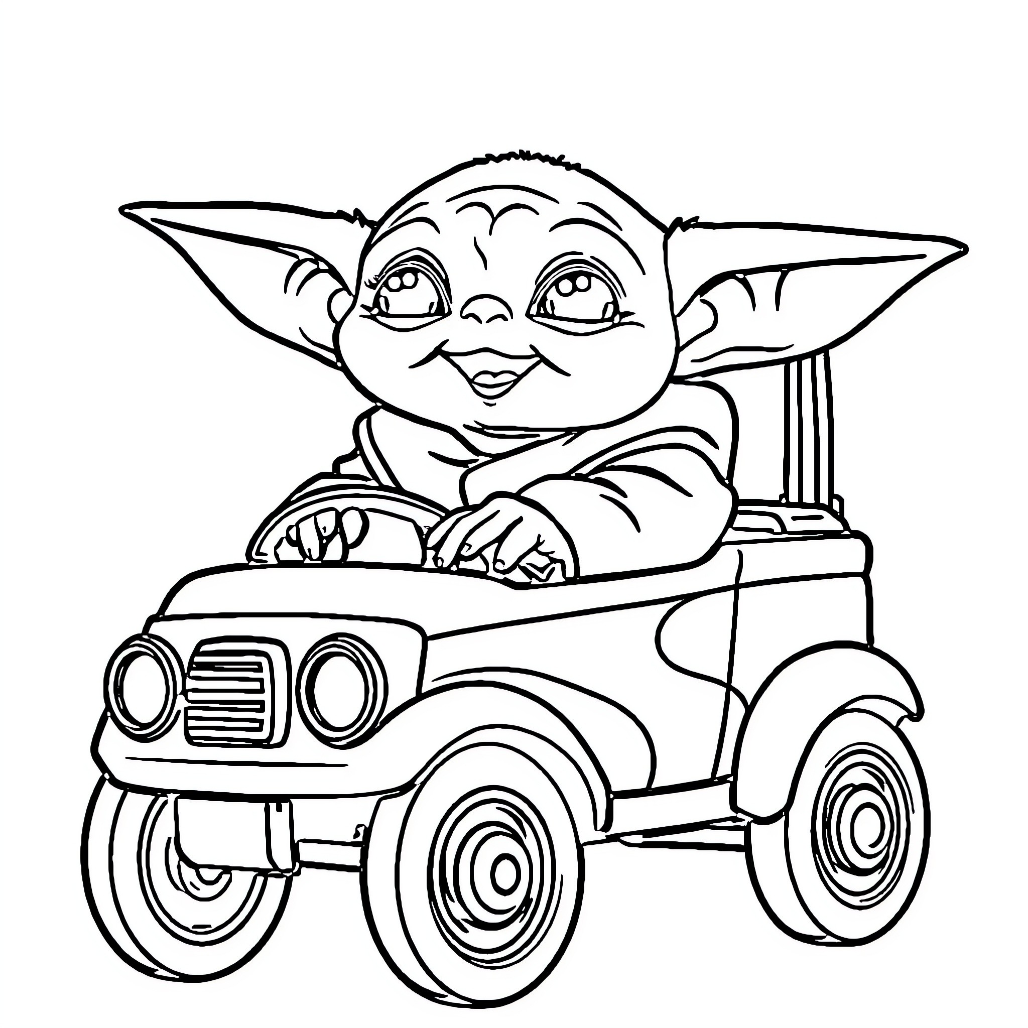 Baby Yoda driving a toy car joyfully Coloring Page (free black-and-white line drawing printable PDF for all, from beginners to advanced learners, including children, teens, adults, and seniors)