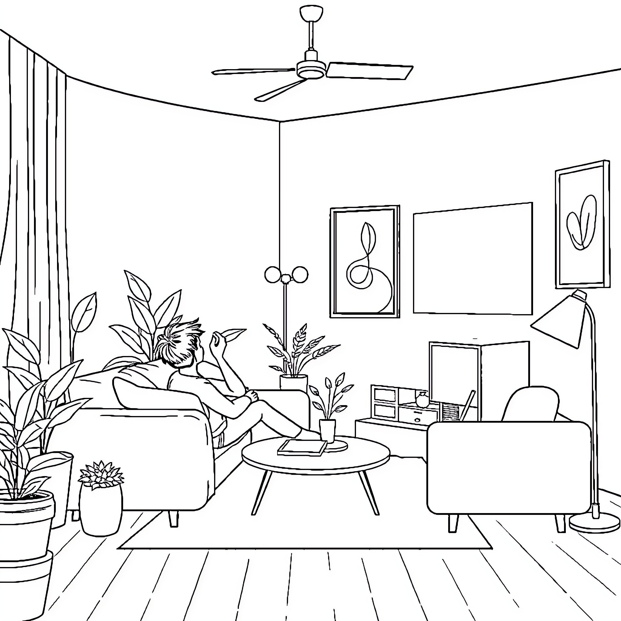 Living Room with Relaxing Figure Coloring Page (free black-and-white line drawing printable PDF for all, from beginners to advanced learners, including children, teens, adults, and seniors)