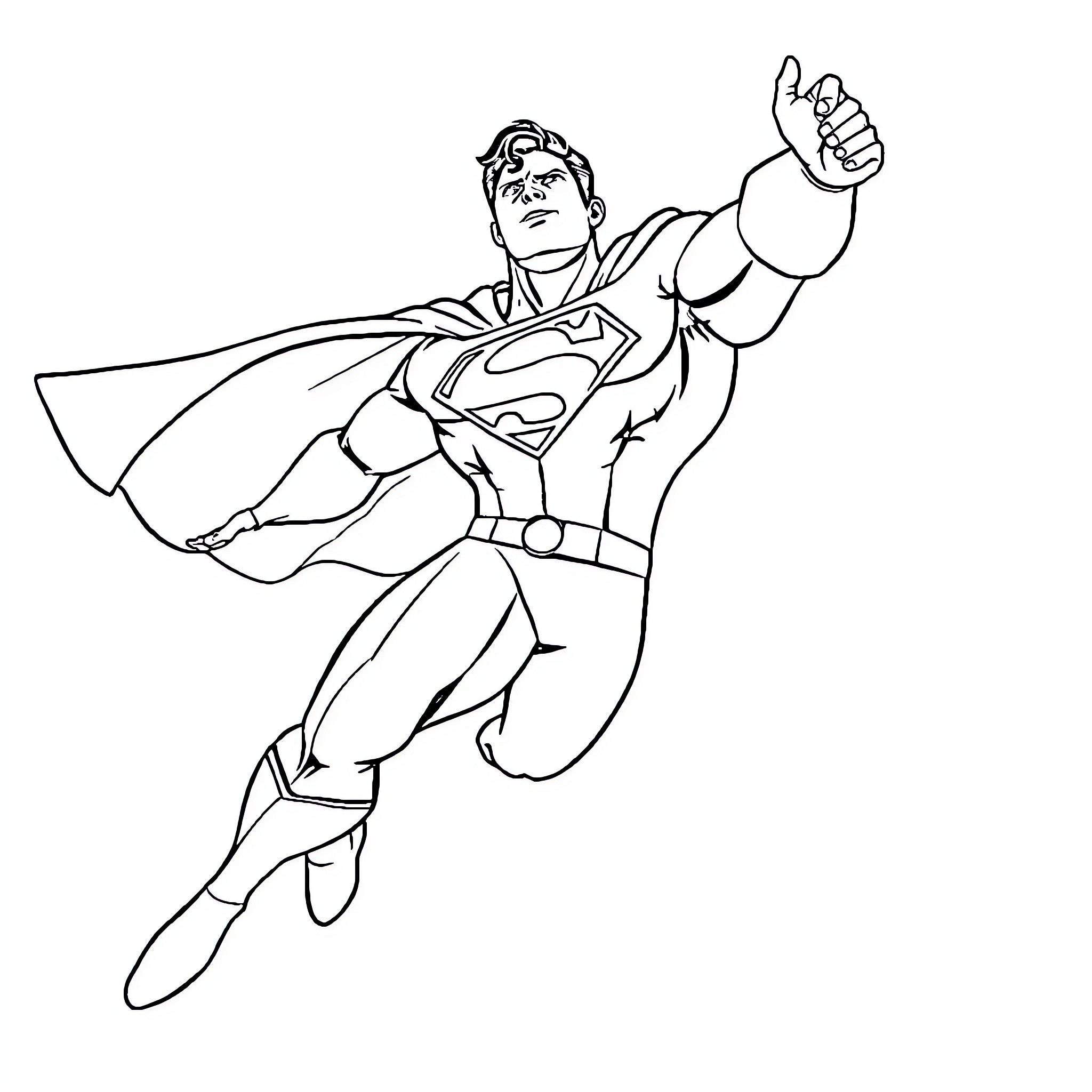 Superman heroically soaring through the air Coloring Page (free black-and-white line drawing printable PDF for all, from beginners to advanced learners, including children, teens, adults, and seniors)