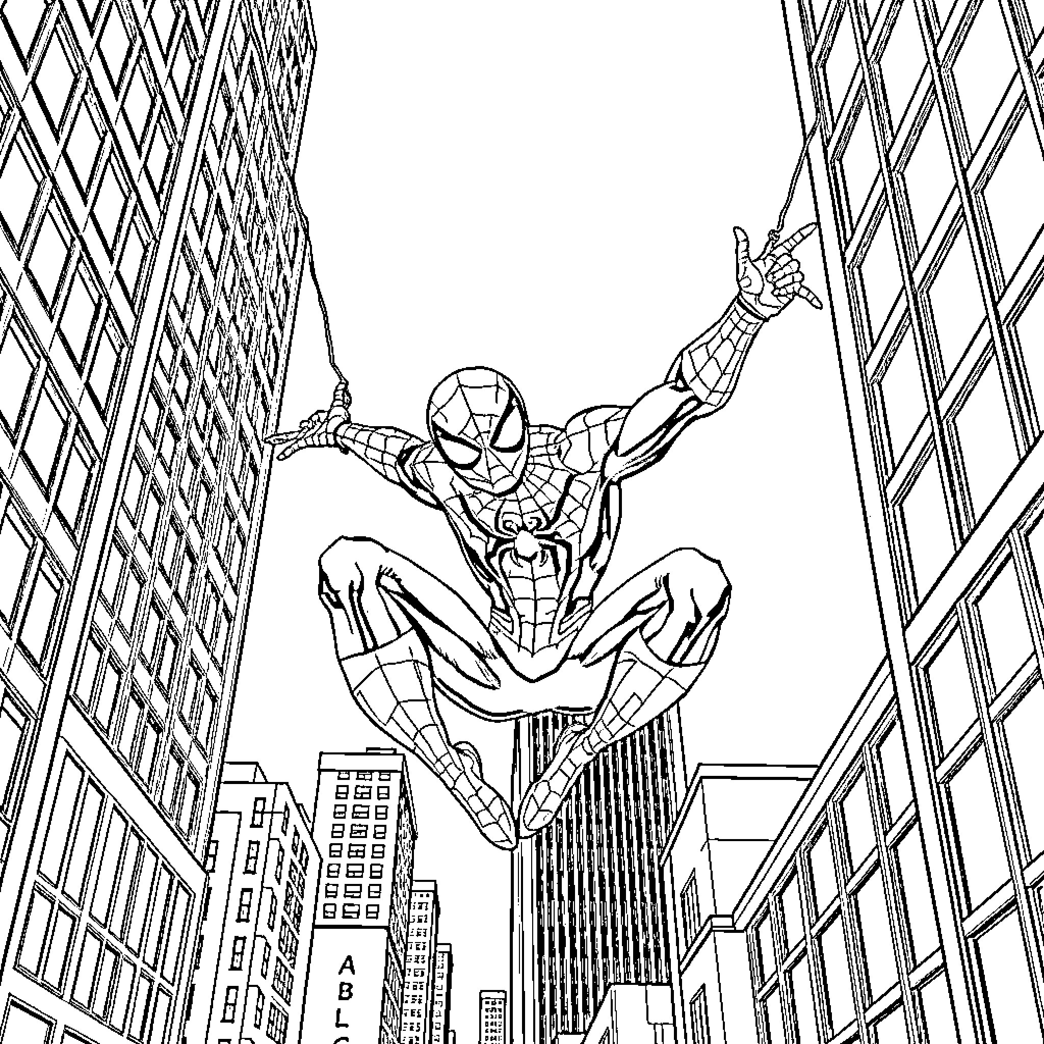 Spider-Man swinging through the city skyline Coloring Page (free black-and-white line drawing printable PDF for all, from beginners to advanced learners, including children, teens, adults, and seniors)